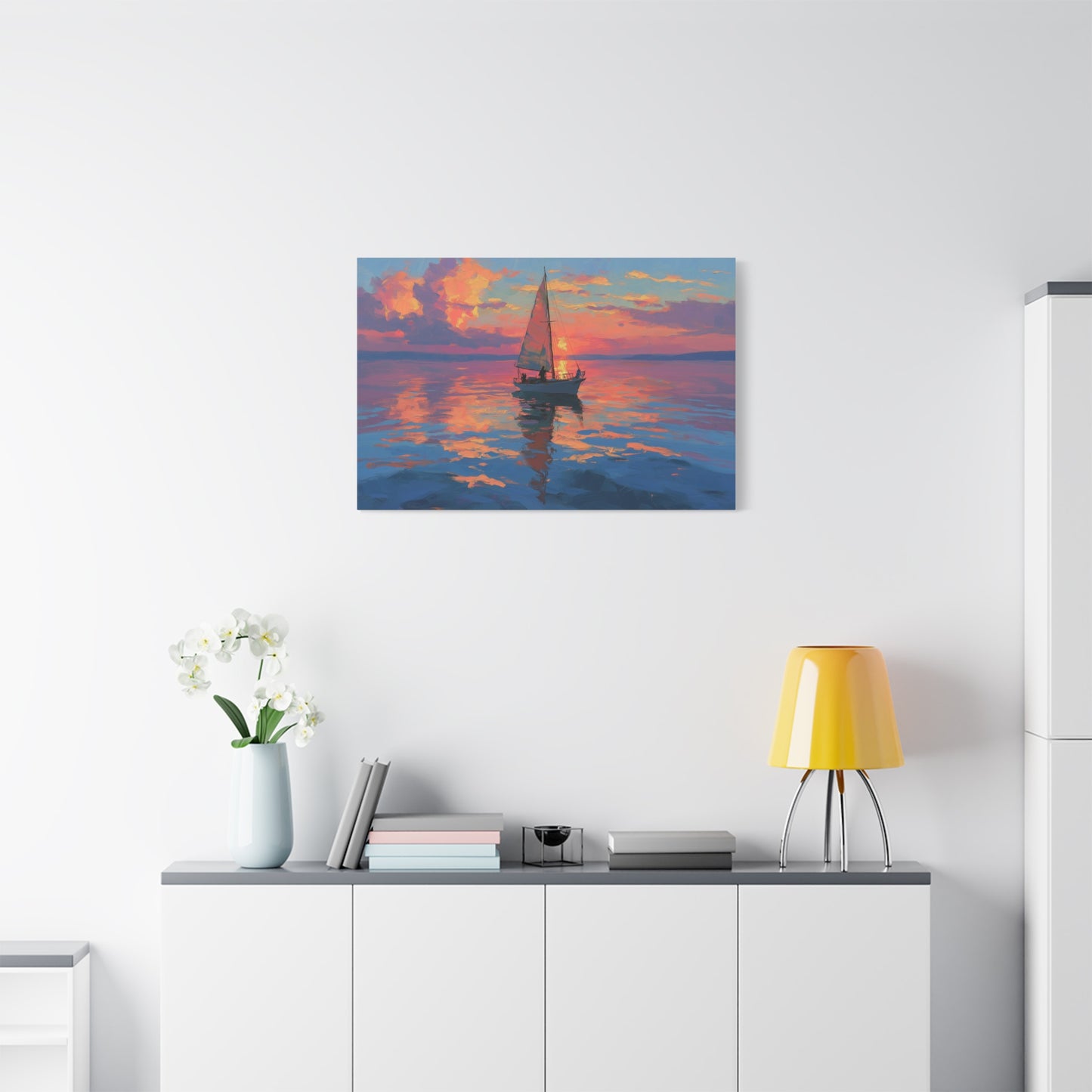Voilier sur mer calme au coucher de soleil rose orange - Art Virtuoso - vue 16/20