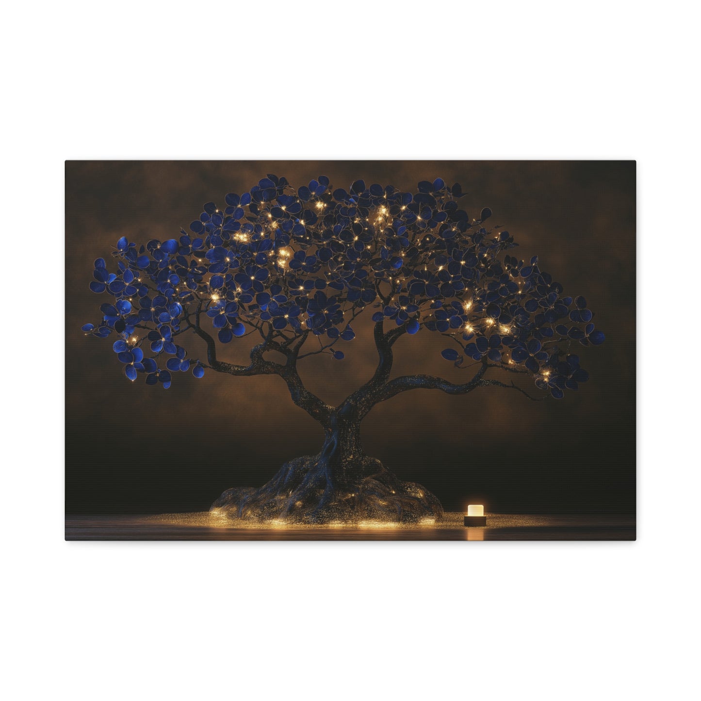 Grand Tableau Arbre de Vie, un arbre monumental aux feuillages bleu nuit ponctués de lumières dorées, format M - Art Virtuoso