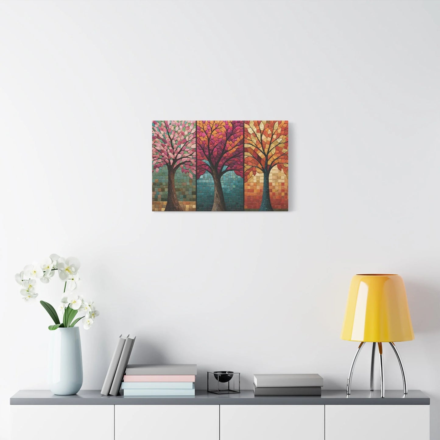 Tableau en Mosaïque Triptyque Arbre des Saisons - Cycle Vivant - ambiance chambre adulte