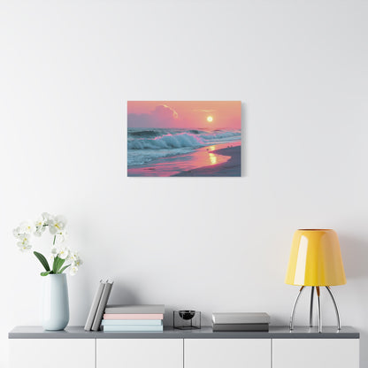 Plage au coucher de soleil pastel avec vague ecume rose et reflet dore - Art Virtuoso - vue 10/20