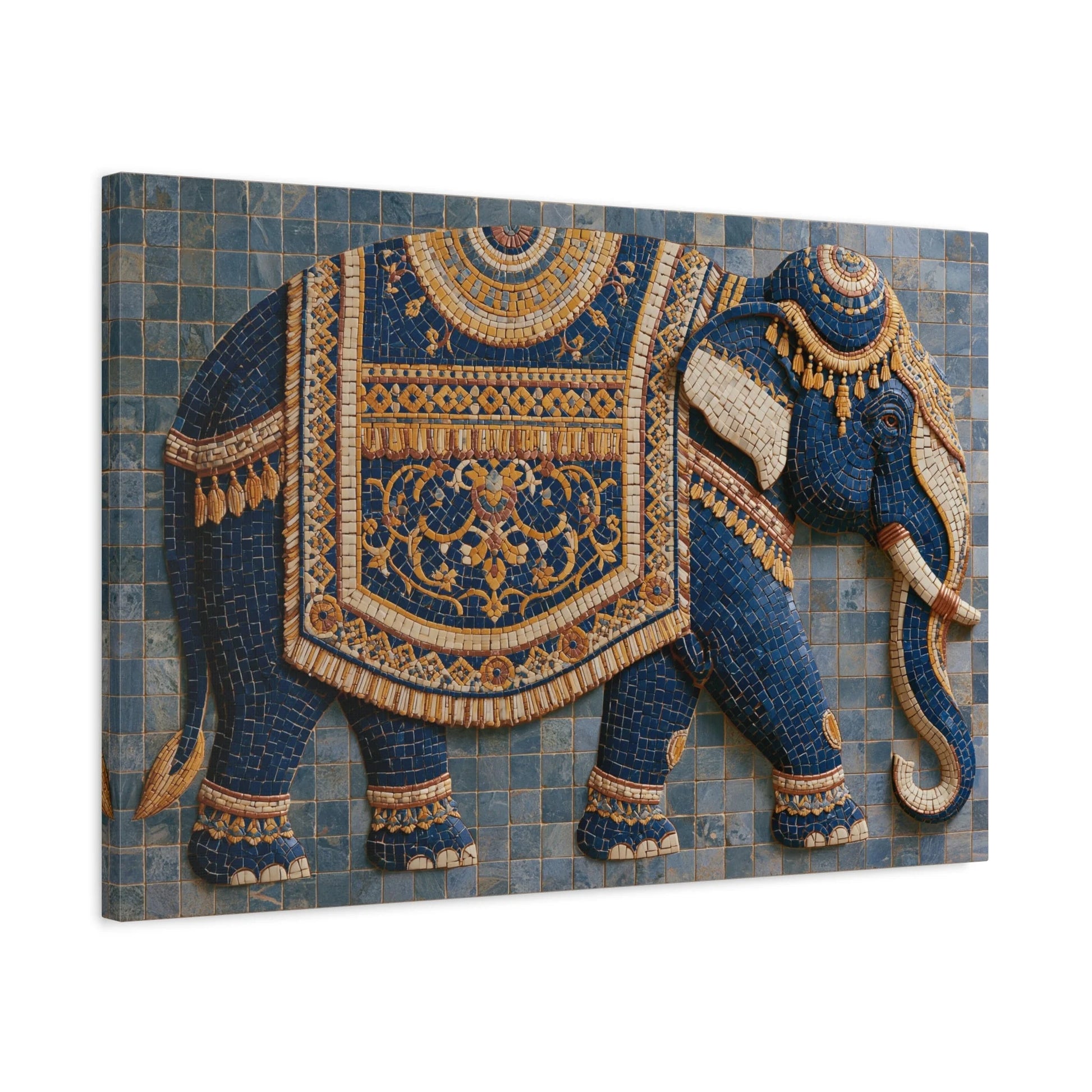 Tableau en Mosaïque Éléphant d’Asie Ornemental - Parade Sacrée - mise en scène mur pierre apparente
