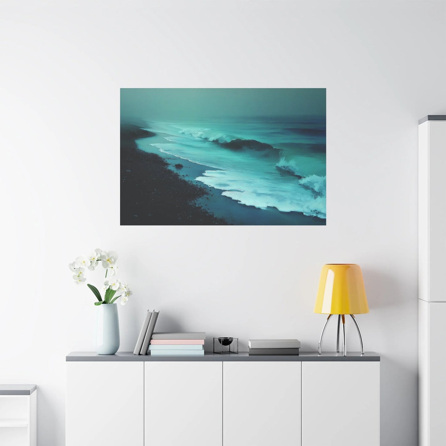 Tableau Mer vert sauge dans un salon contemporain