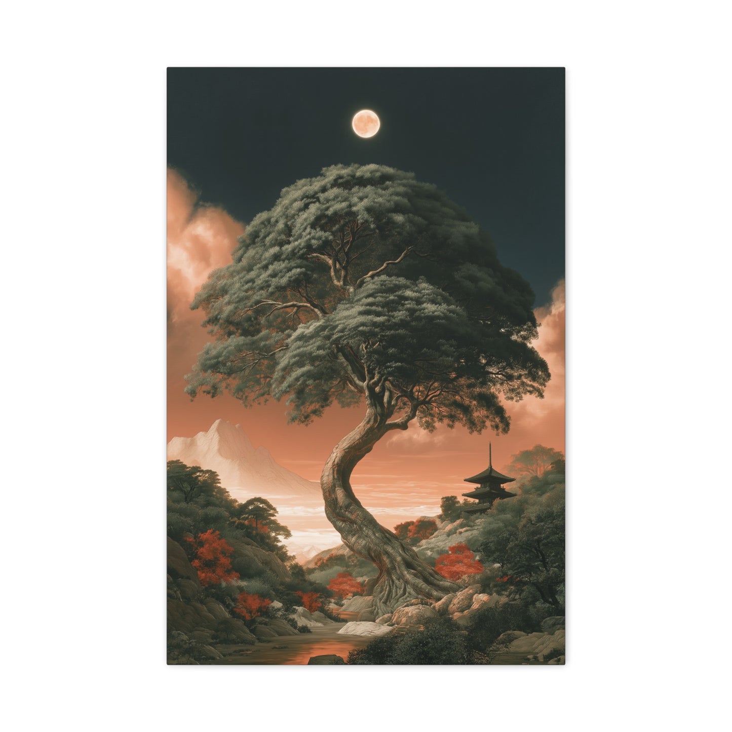 Tableau Jianmu Arbre Cosmique Chinois, un arbre tortueux reliant une montagne brumeuse à un ciel lunaire, format L - Art Virtuoso