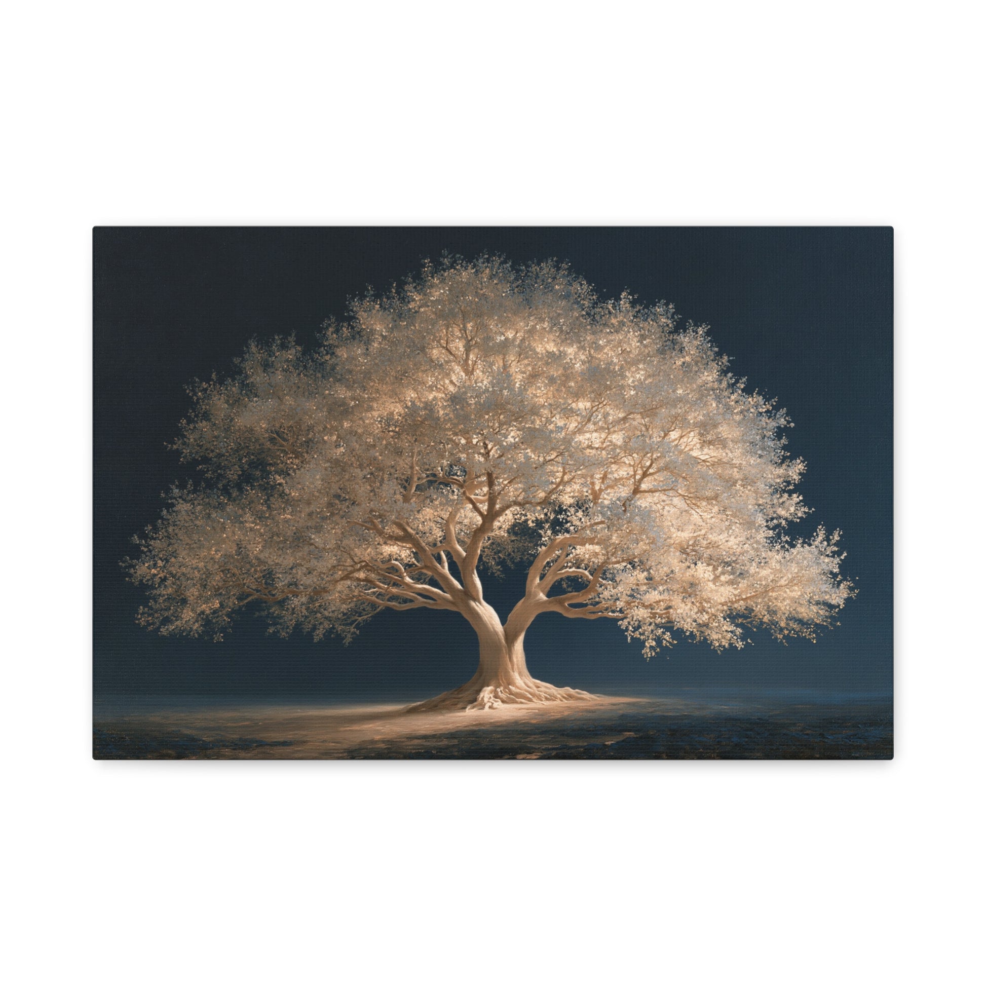 Tableau Arbre de Vie Blanc, un arbre ivoire délicatement éclairé sur un fond bleu charbon, format S - Art Virtuoso