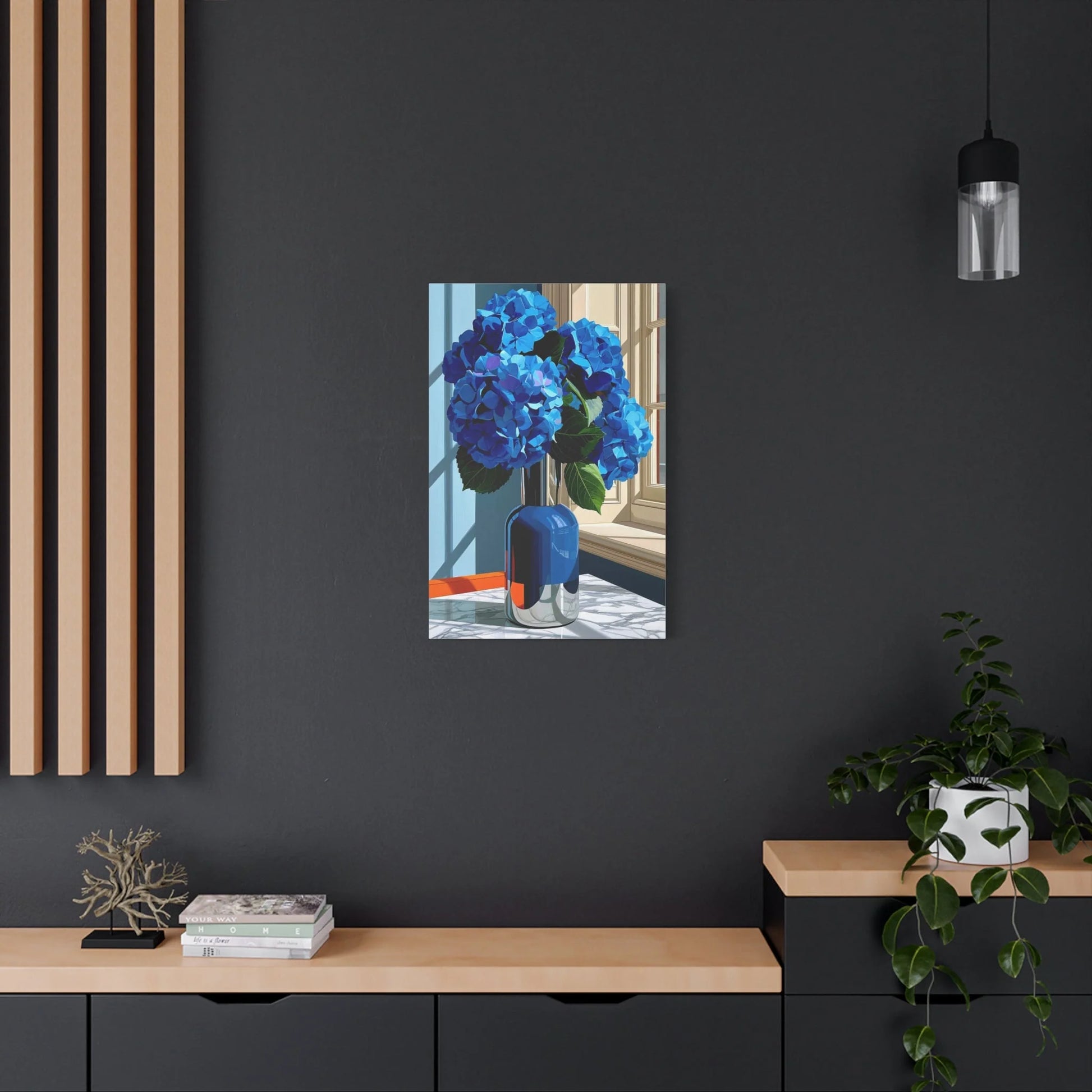 Tableau Nature Morte Hortensias Bleus Marbre - Fraîcheur Florale - vue intérieur architecte