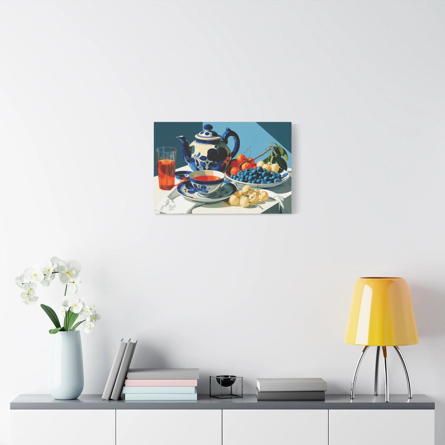 Tableau Nature Morte Porcelaine Delft Bleu Indigo - Silence de Faïence - ambiance chambre adulte