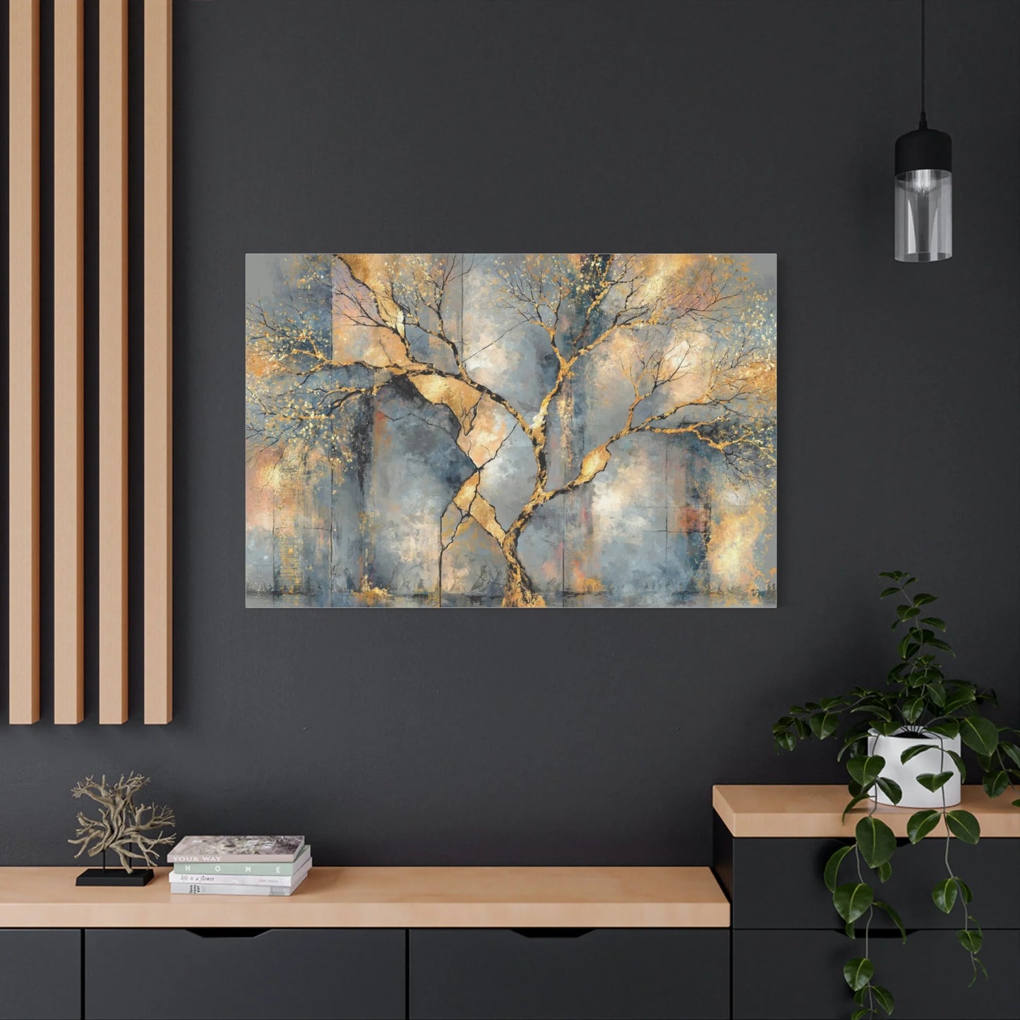 Tableau Gris et Doré - Arbre Doré sur Béton Patiné — Art Virtuoso
