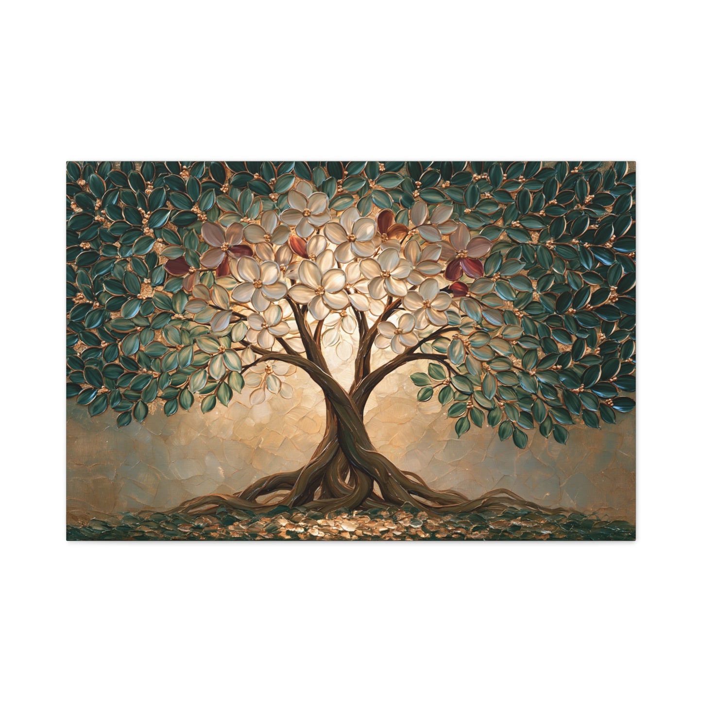 Tableau Arbre de Vie Mariage, un arbre aux feuilles métalliques et aux racines entrelacées, format XL - Art Virtuoso