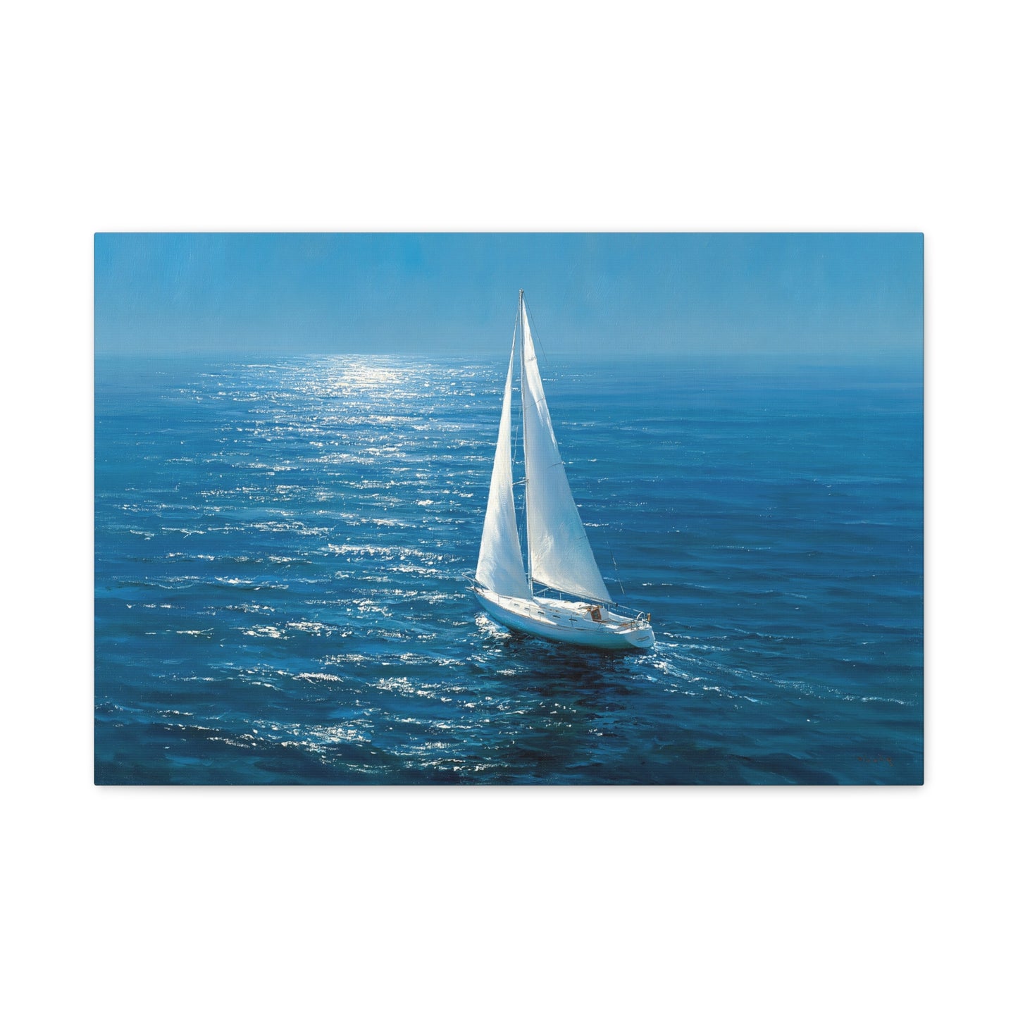 Voilier blanc seul sur ocean bleu profond avec reflet lumineux - Art Virtuoso - vue 2/20