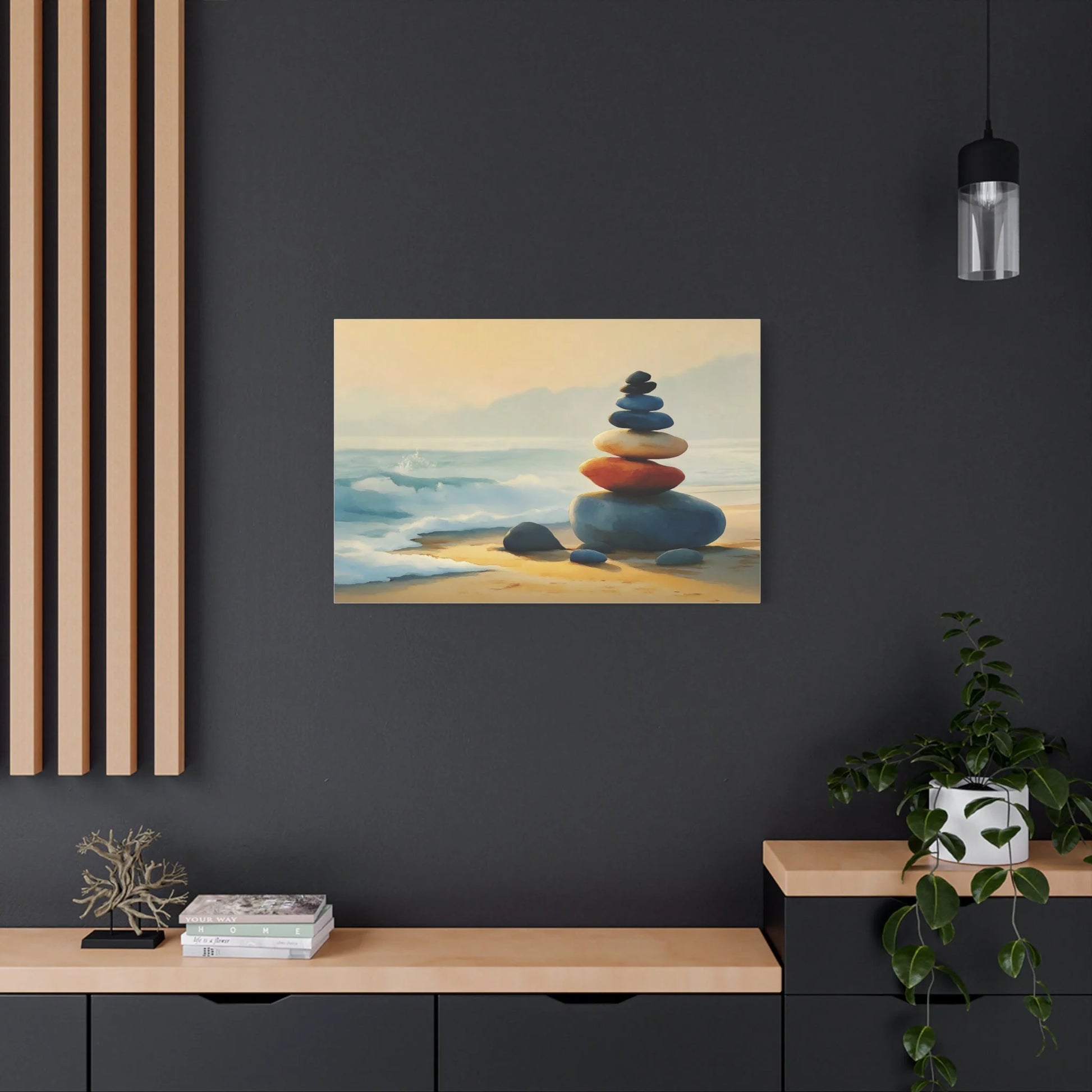Tableau Cairn galets atmosphère minimaliste apaisée