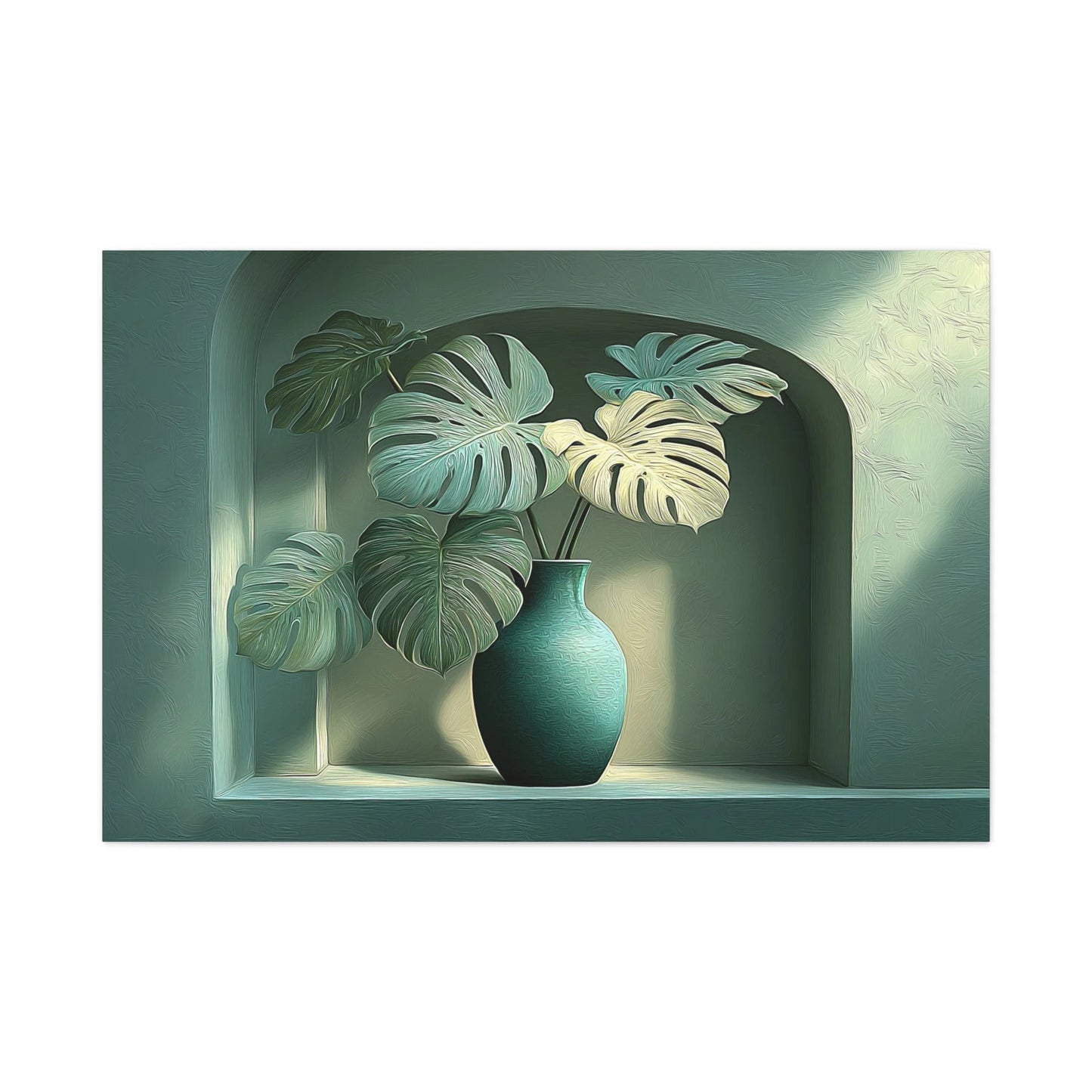 Tableau Tableau monstera au-dessus d'un canapé en velours sombre