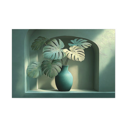 Tableau Tableau monstera au-dessus d'un canapé en velours sombre