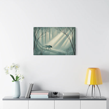 Tableau Loup en Forêt de Mousse - Vert Sauge Profond - grand format salon spacieux