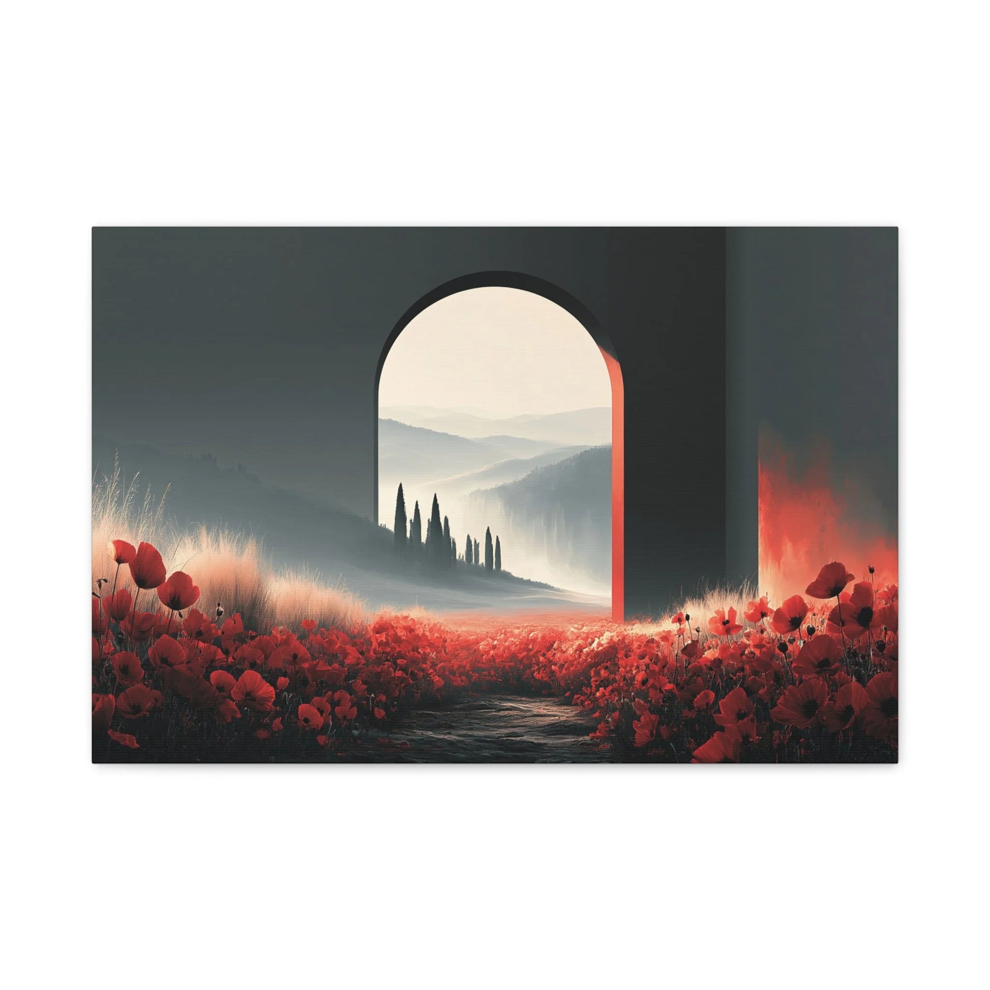 Tableau Coquelicots Terracotta - Champ d'Orange Brûlée - vue mur blanc minimaliste