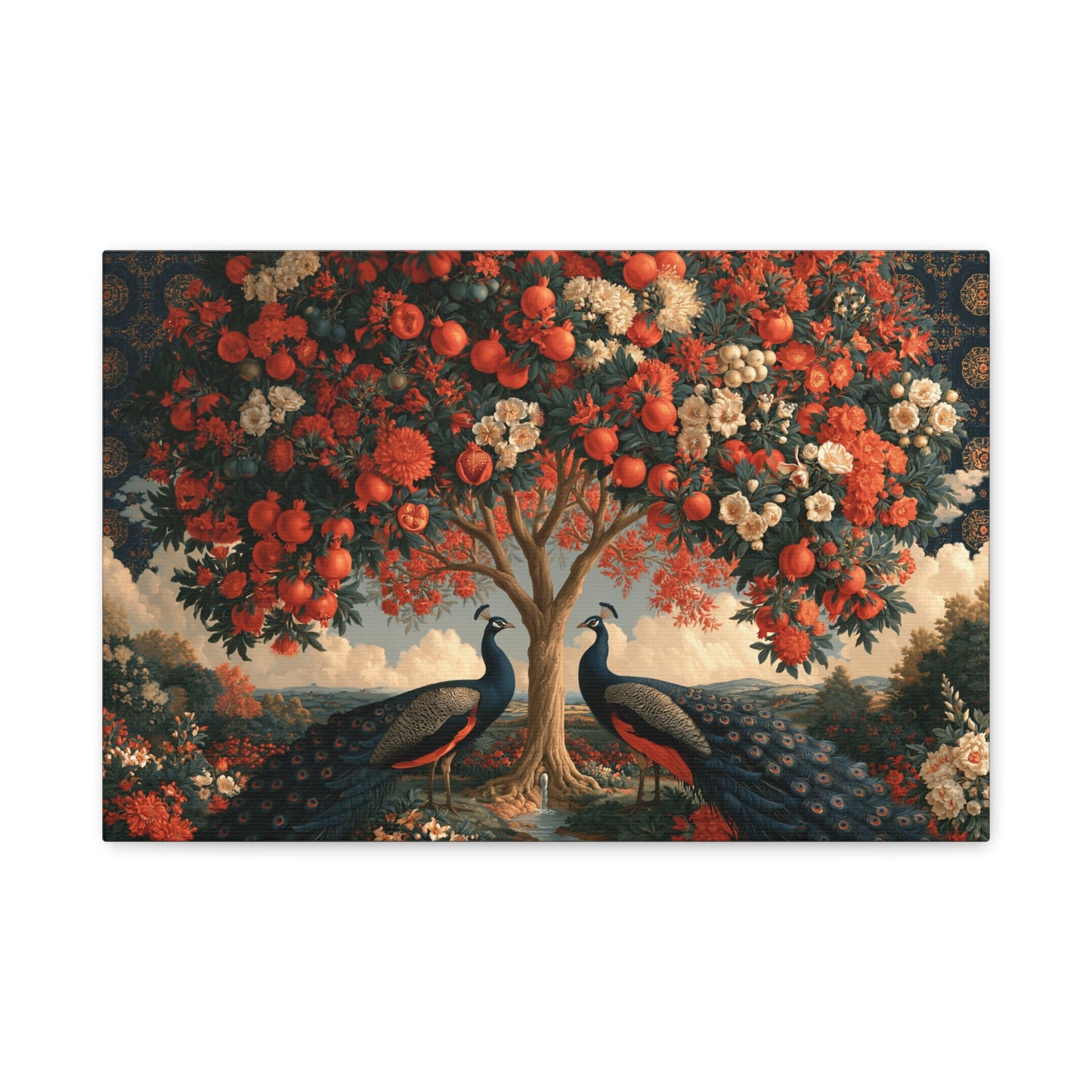 Tableau Kalpavriksha Arbre de Vie, un arbre d’abondance entouré de paons et couvert de fleurs rouges, format S - Art Virtuoso