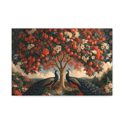 Tableau Kalpavriksha Arbre de Vie, un arbre d’abondance entouré de paons et couvert de fleurs rouges, format S - Art Virtuoso