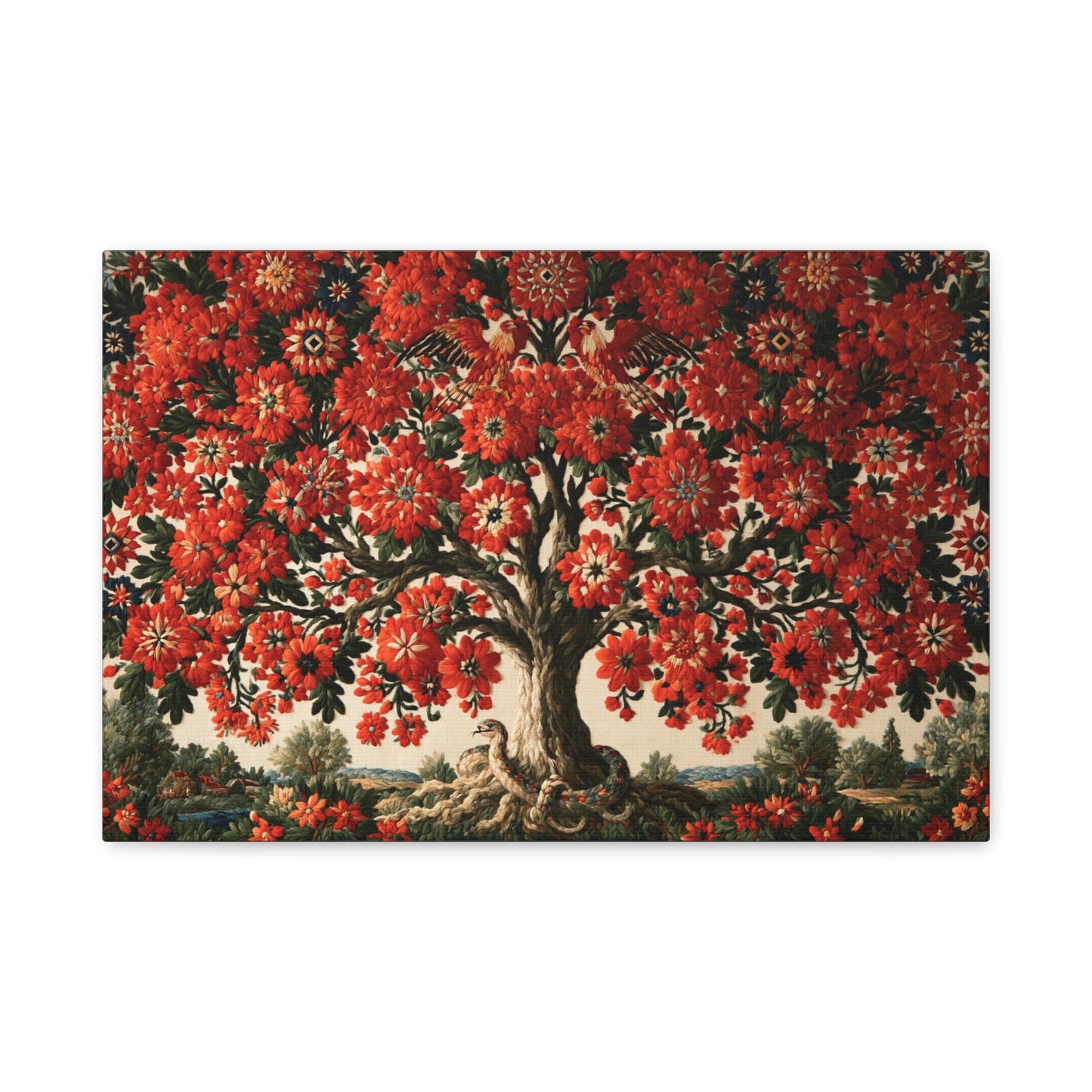Tableau Arbre du Monde Slave, un arbre rouge abondant traité comme une tapisserie traditionnelle, format S - Art Virtuoso
