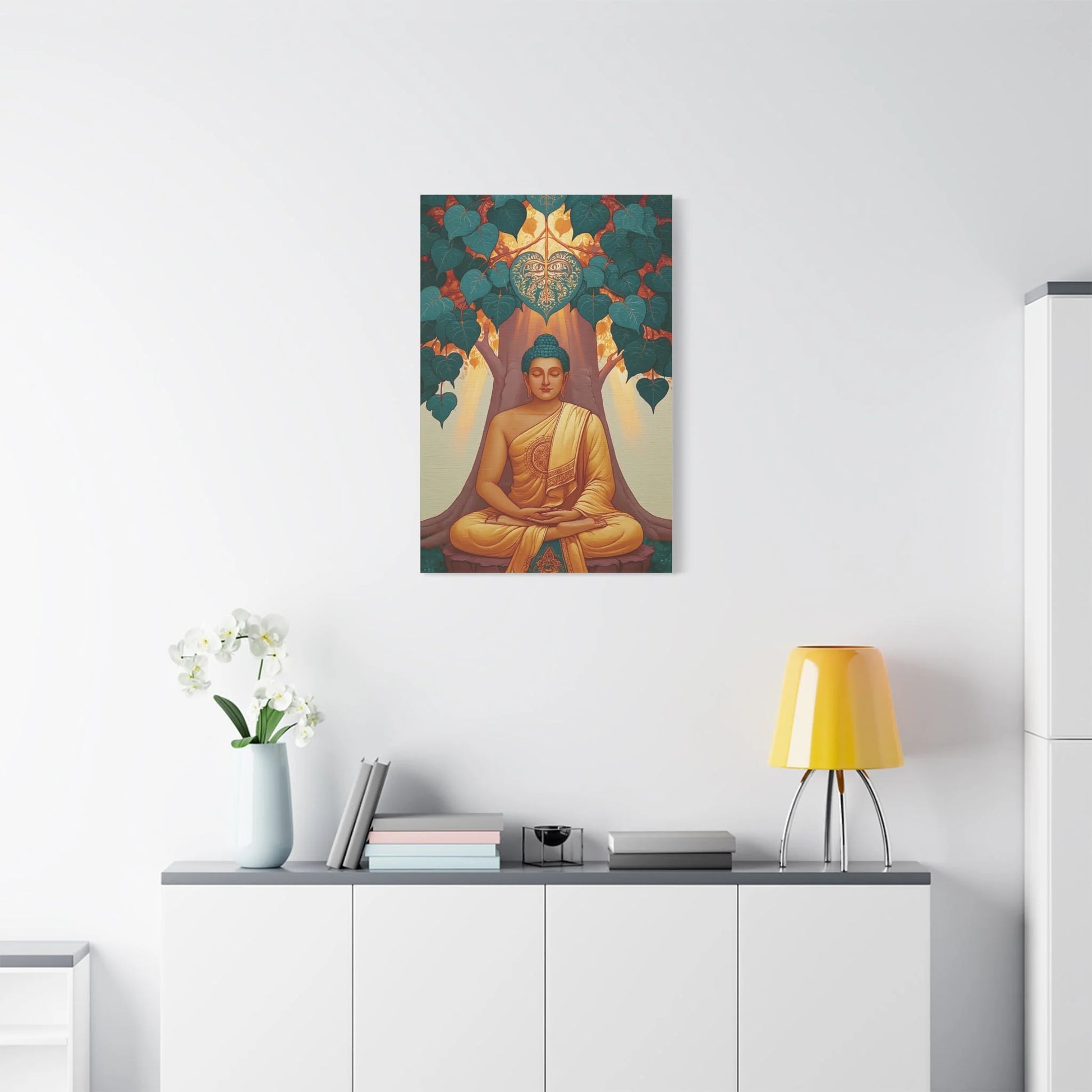 Tableau Bouddha sous l'Arbre Bodhi - Éveil de Bodh Gaya - ambiance loft haut de plafond