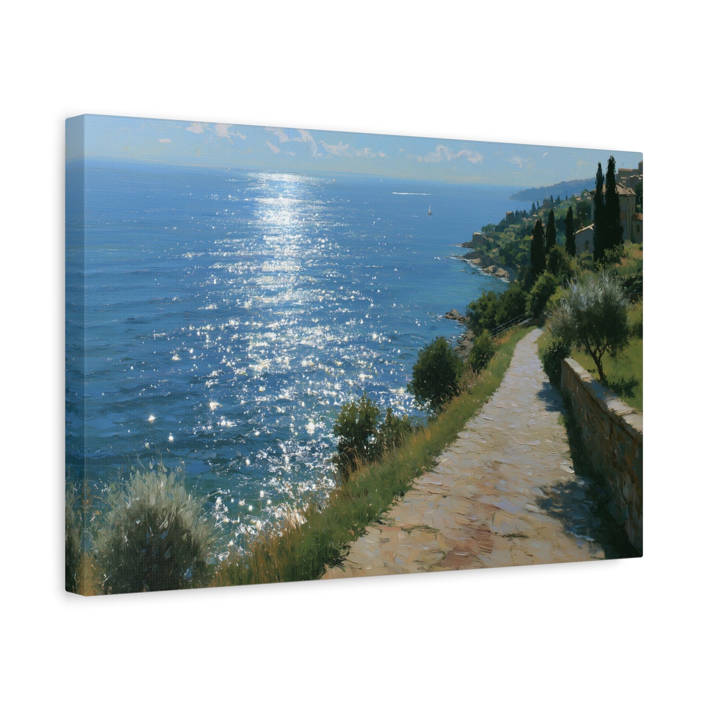 Promenade mediterraneenne avec cypres et soleil brillant sur la mer - Art Virtuoso - vue 6/20