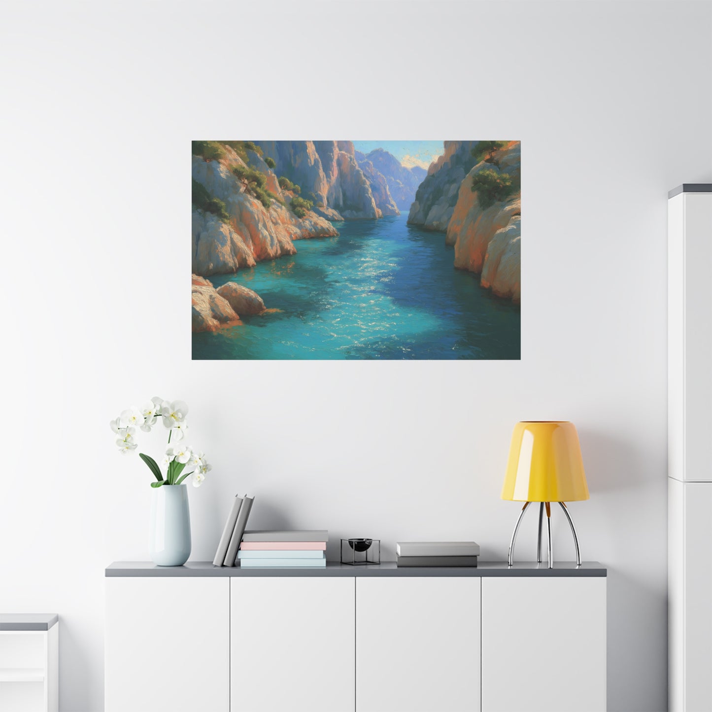 Calanques mediterraneennes avec falaises rocheuses pins et eau turquoise - Art Virtuoso - vue 19/20