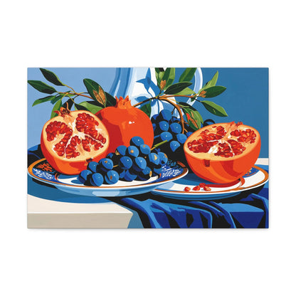 Tableau Nature Morte Vaisselle Dorée Grenade - Table Précieuse - vue mur blanc minimaliste