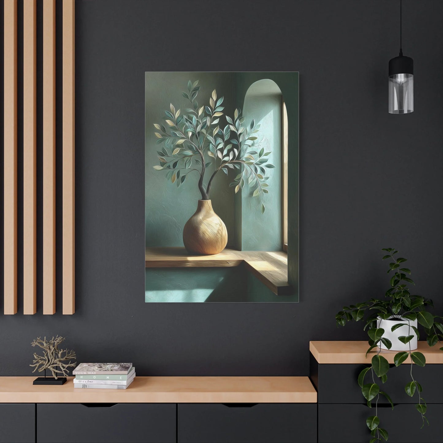 Tableau Chambre Vert Sauge et Bois - Bouquet de Lumière — Art Virtuoso