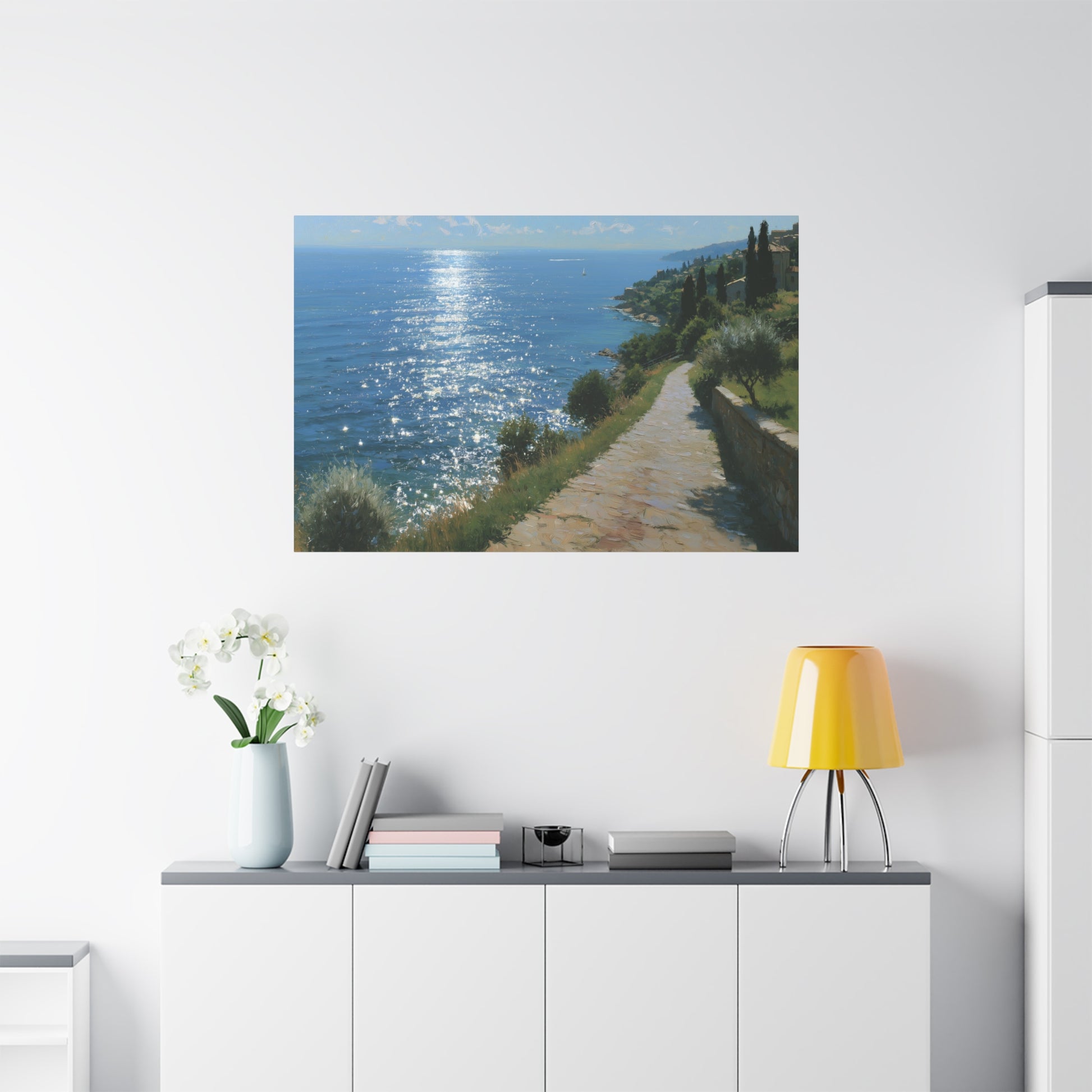 Promenade mediterraneenne avec cypres et soleil brillant sur la mer - Art Virtuoso - vue 19/20