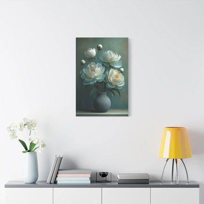 Tableau Pivoines vert sauge format vertical mur étroit