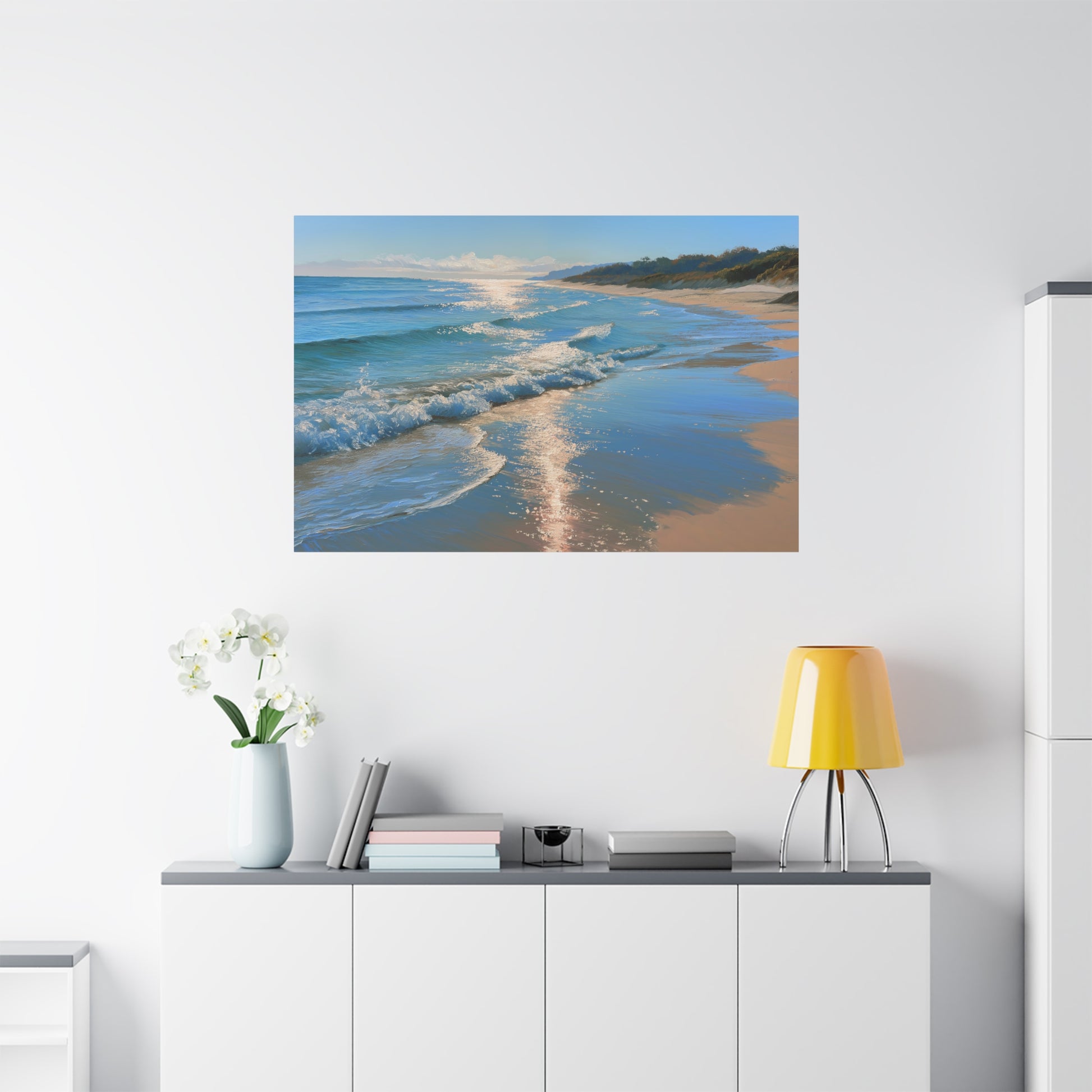 Plage de sable dore avec vagues douces et lumiere d ete sur la mer - Art Virtuoso - vue 19/20