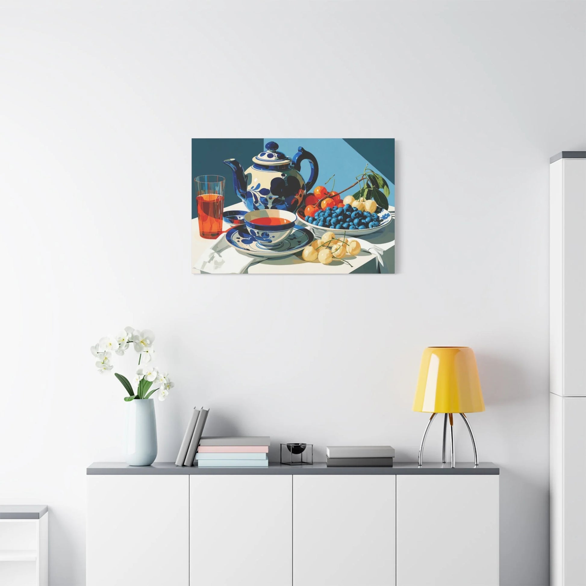 Tableau Nature Morte Porcelaine Delft Bleu Indigo - Silence de Faïence - ambiance loft haut de plafond