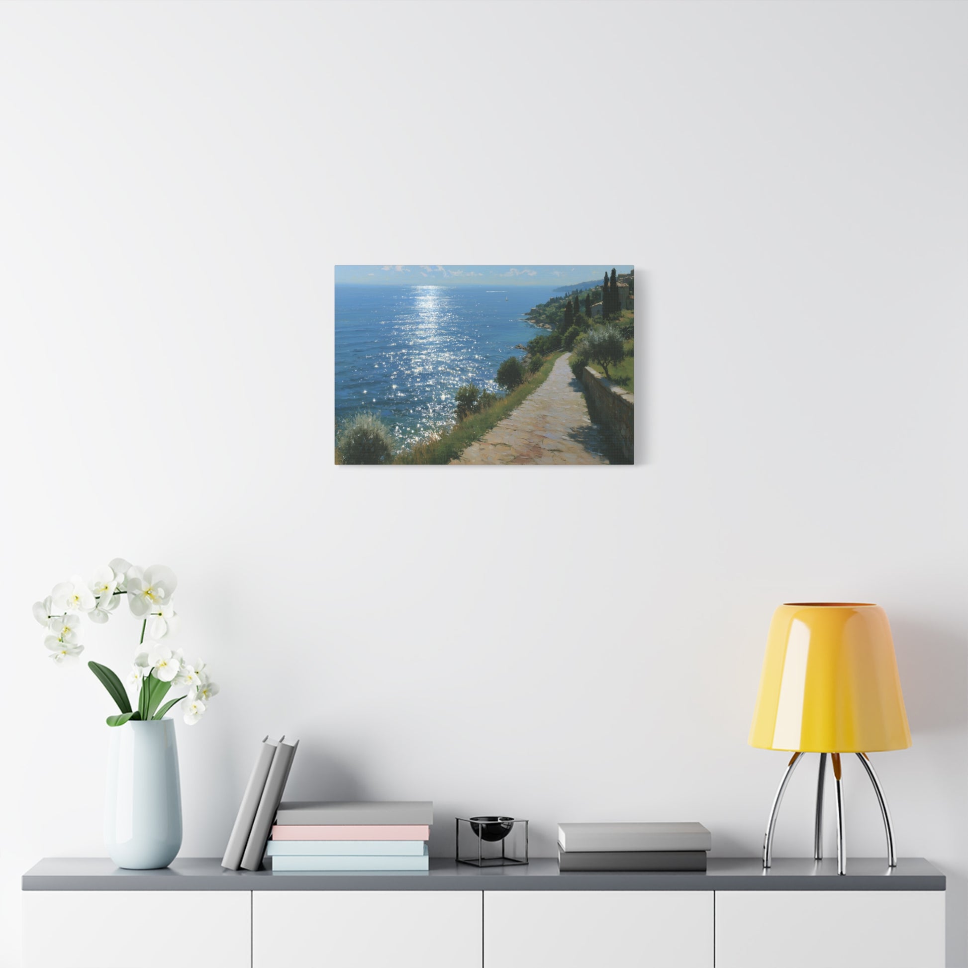 Promenade mediterraneenne avec cypres et soleil brillant sur la mer - Art Virtuoso - vue 10/20