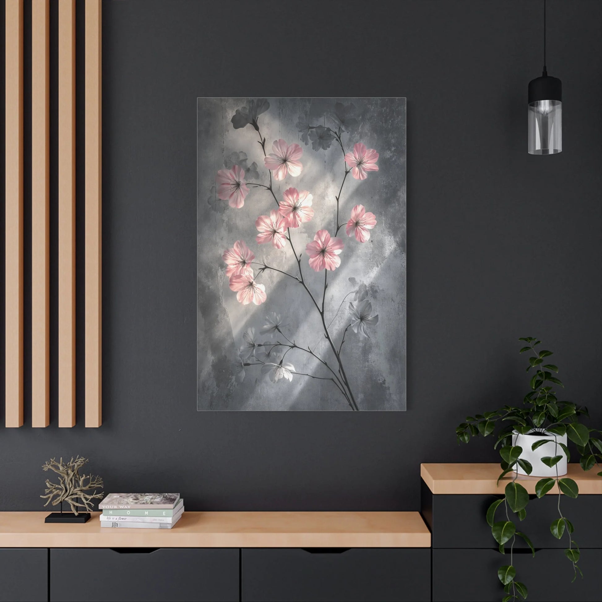 Tableau Gris et Rose Cerisier - Fleurs sur Pierre Patinée — Art Virtuoso