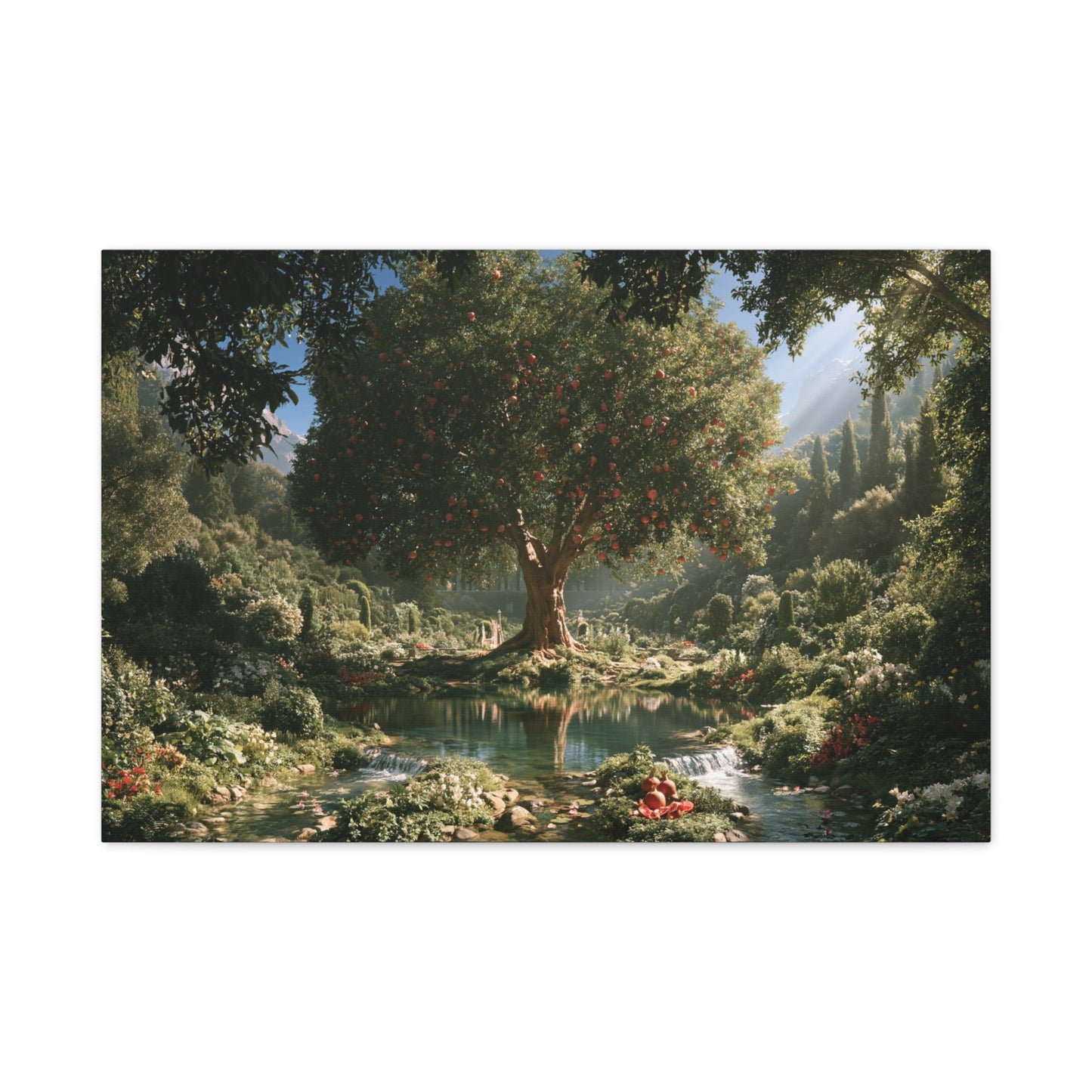 Tableau Arbre de Vie Éden, un arbre luxuriant au bord d’une eau claire dans un jardin abondant, format L - Art Virtuoso