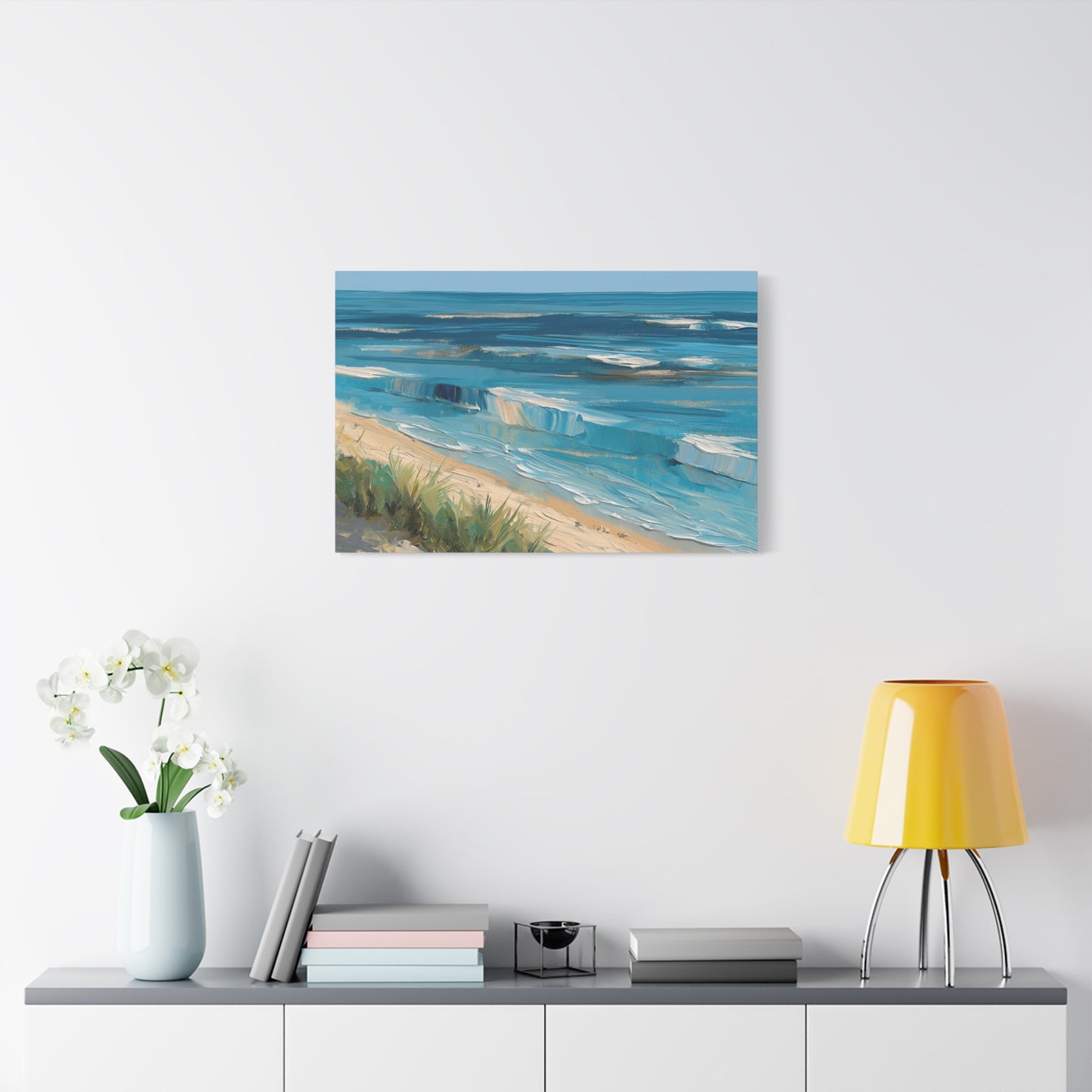 Vagues modernes en lignes bleues avec ecume blanche et plage stylisee - Art Virtuoso - vue 13/20