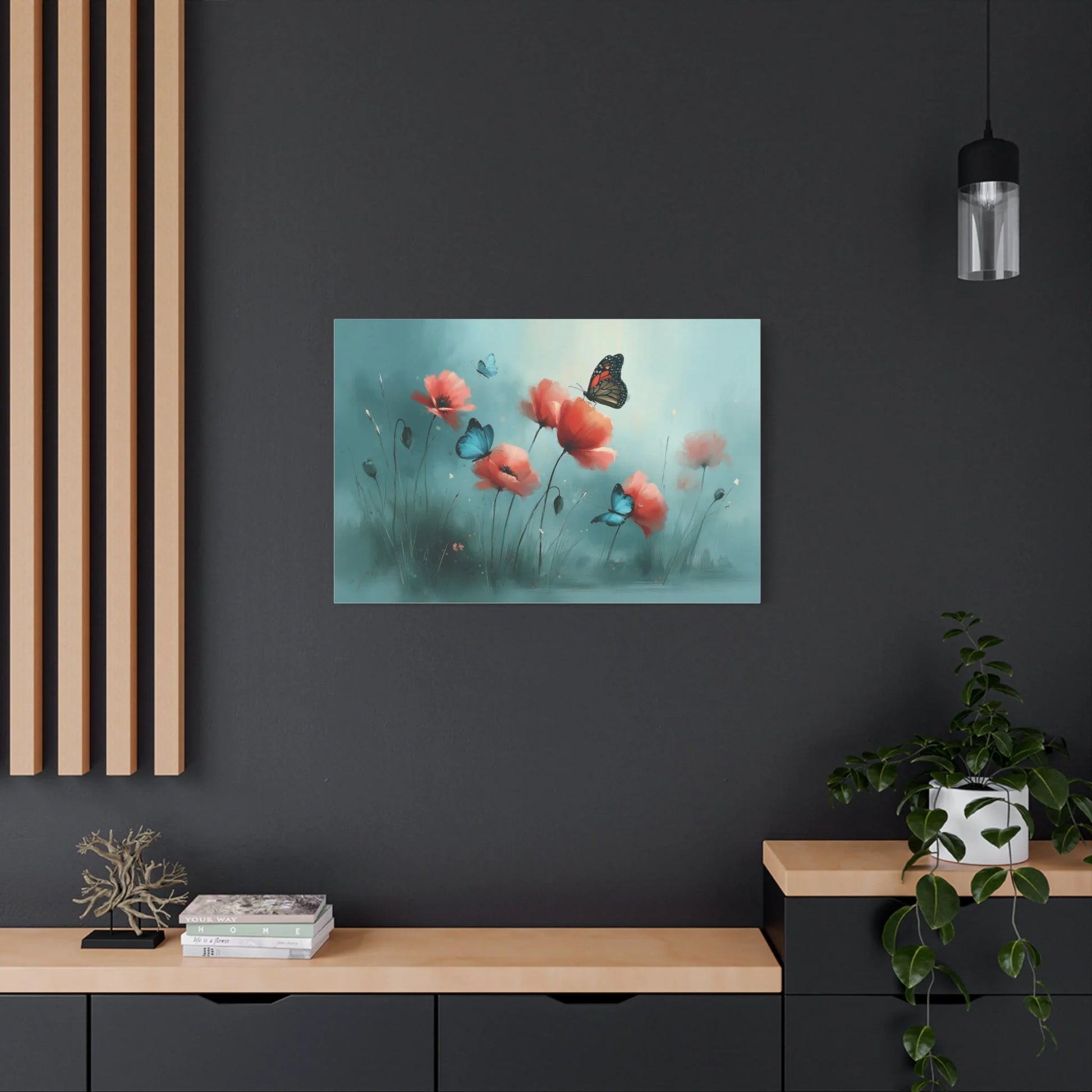 Tableau Coquelicots et Papillons - Romantisme Botanique - format XXL pièce de réception
