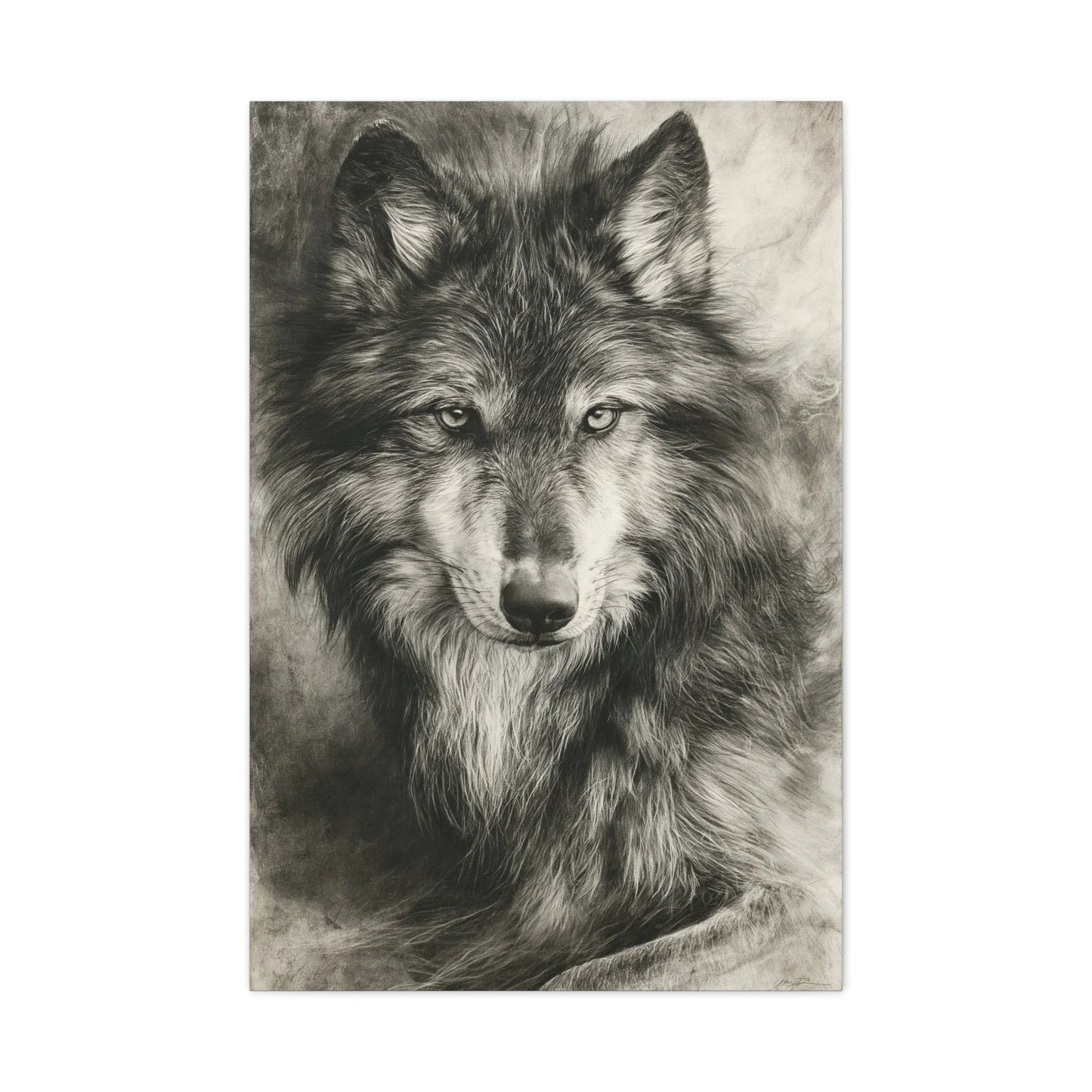 Tableau Loup Portrait - Fusain Noir et Blanc - ambiance bureau créatif