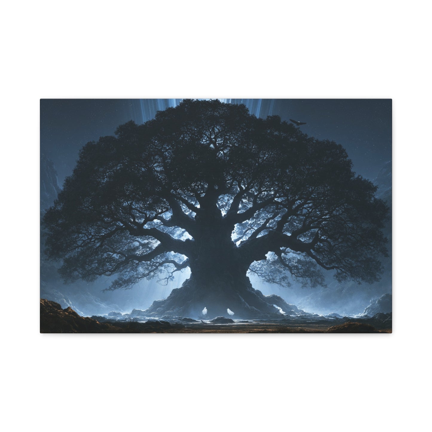 Tableau Yggdrasil Arbre de Vie, un frêne immense dressé dans un paysage nordique éclairé par la lune, format M - Art Virtuoso