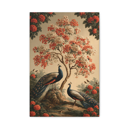 Tableau Arbre de Vie Kalamkari Indien, un arbre fleuri accompagné de deux paons sur un fond textile crème, format S - Art Virtuoso