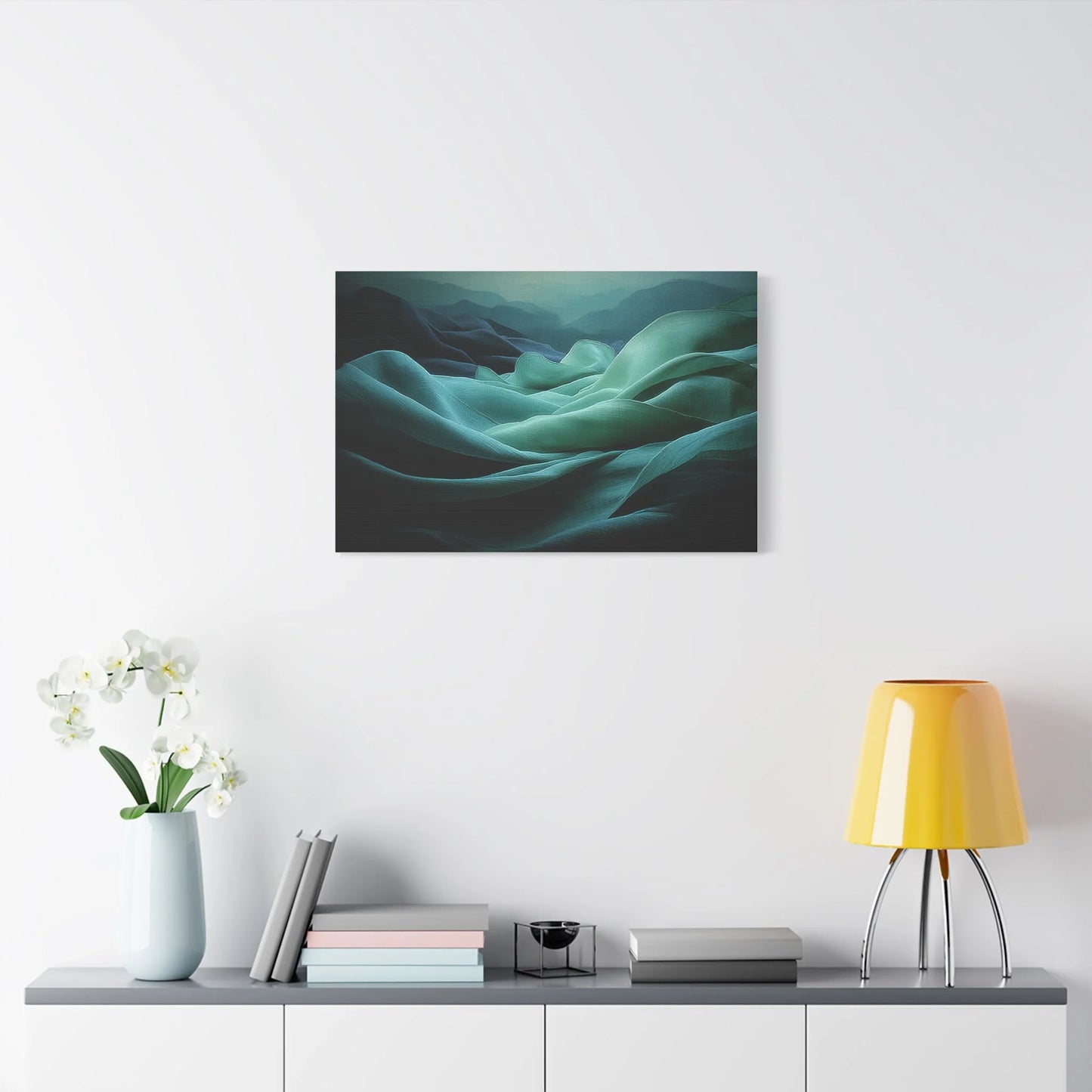 Tableau Abstrait textile vert sauge format horizontal panorama