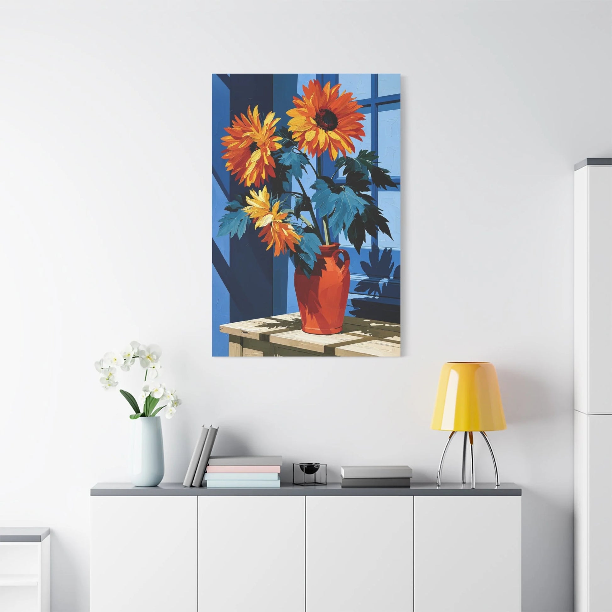 Tableau Nature Morte Tournesols Vase Jaune Or - Éclat d’Été - vue mur grande hauteur