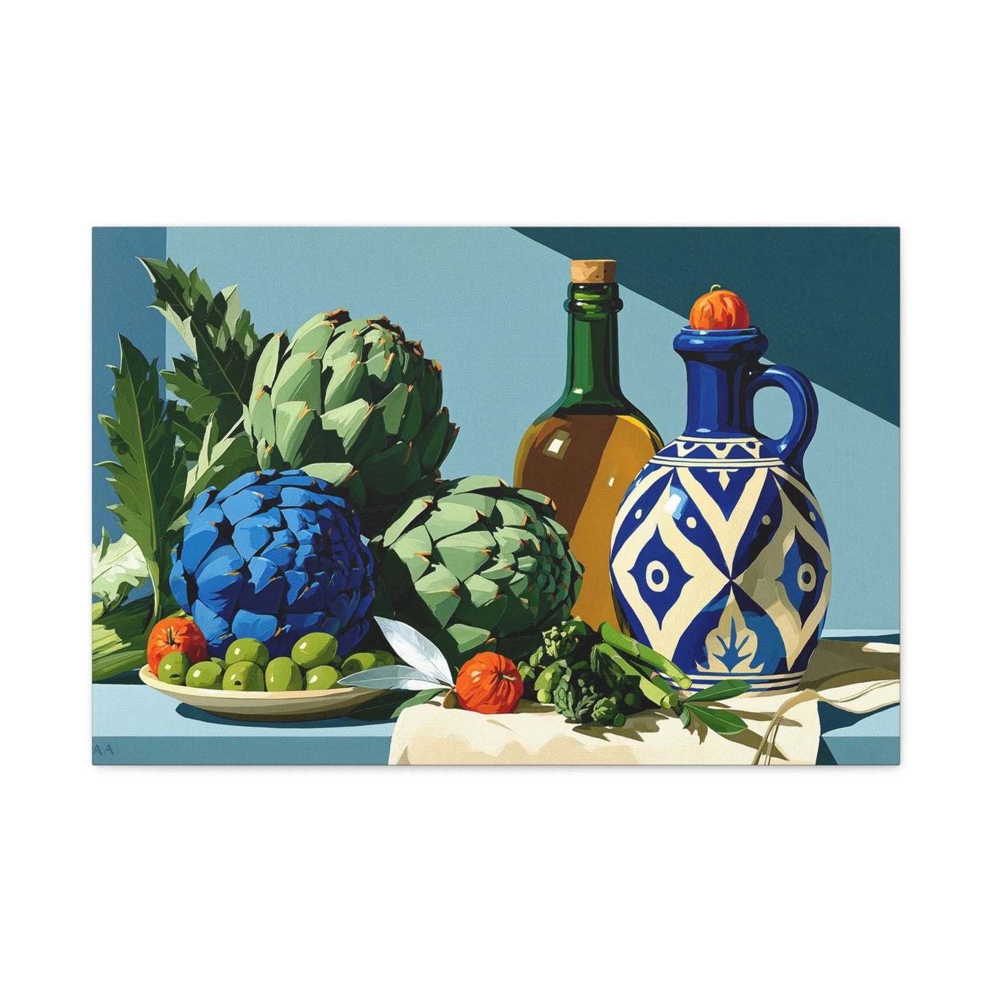 Tableau Nature Morte Artichauts Olives Asperges Vert Sauge - Marché Végétal - intégration salon scandinave