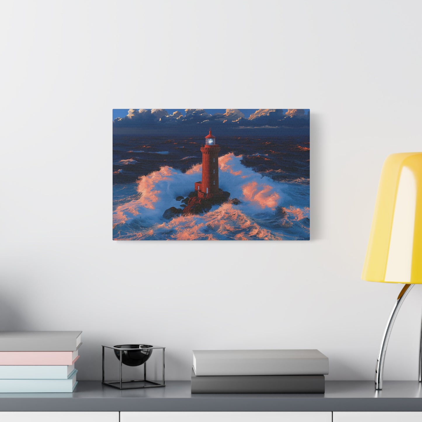 Phare rouge breton dans une tempete avec vagues puissantes et faisceau bleu - Art Virtuoso - vue 7/20