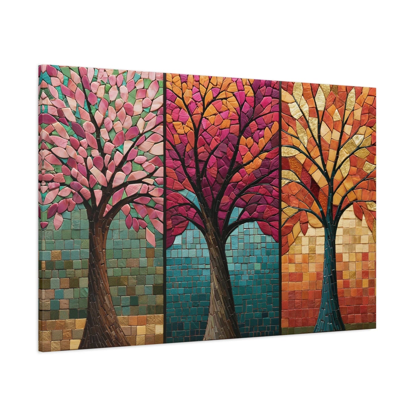 Tableau en Mosaïque Triptyque Arbre des Saisons - Cycle Vivant - décor monumental espace ouvert