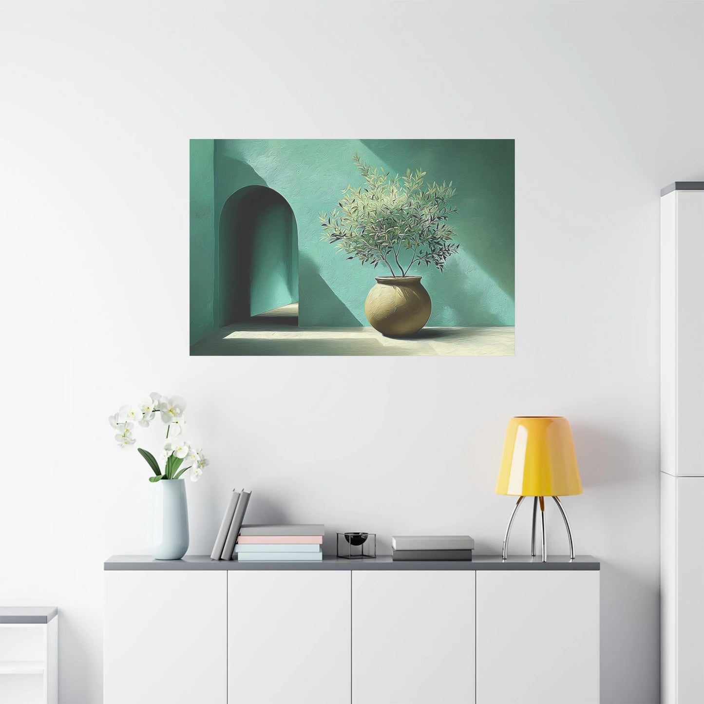 Tableau Terracotta vert sauge dans un salon contemporain