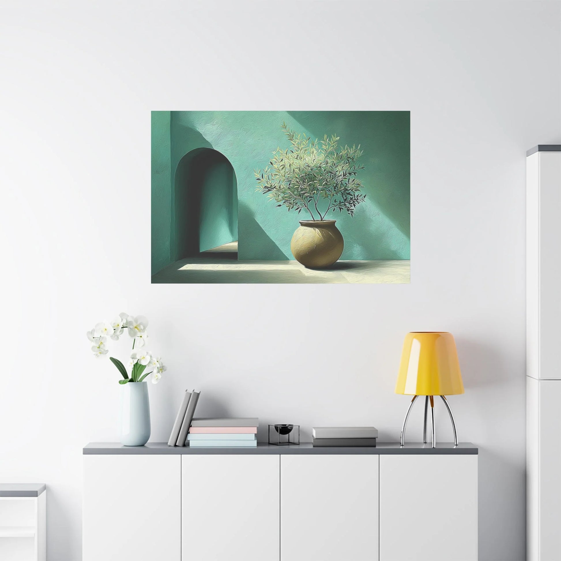 Tableau Terracotta vert sauge dans un salon contemporain