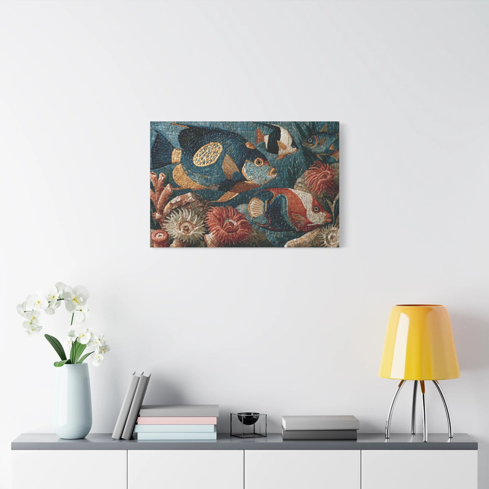 Tableau en Mosaïque Poisson Corail - Lagune de Tesselles - grand format salon spacieux