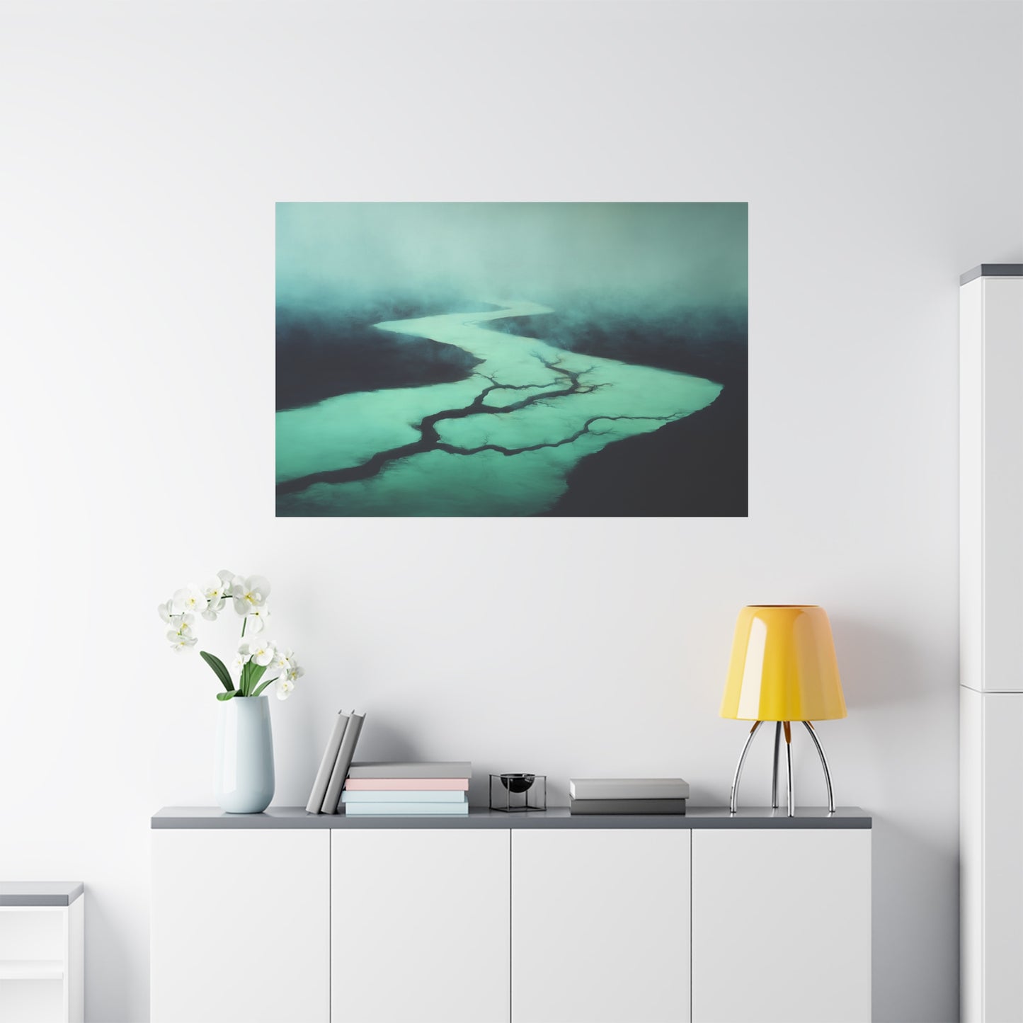 Tableau Rivière vert sauge dans un salon contemporain