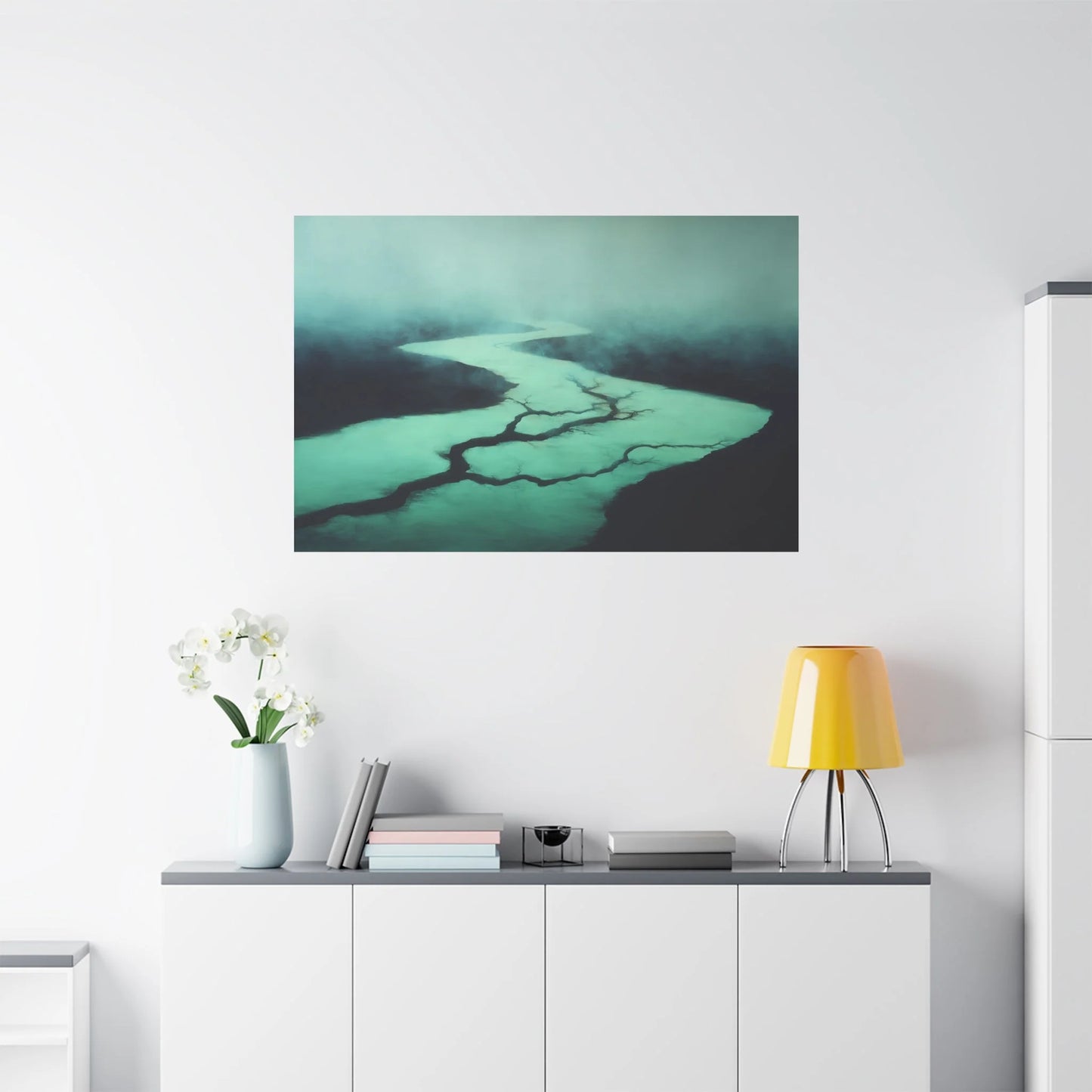 Tableau Rivière vert sauge dans un salon contemporain