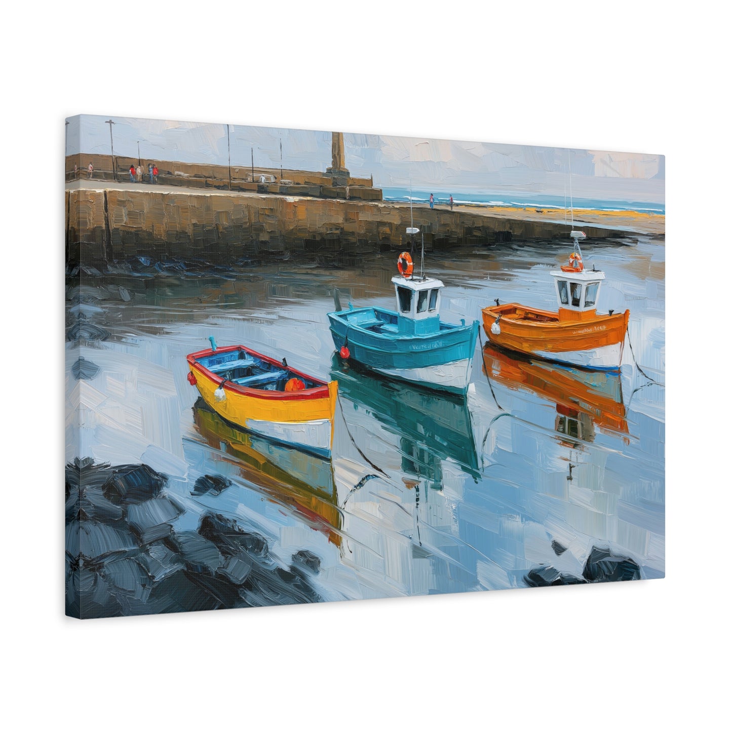Port breton avec trois barques colorees et reflets dans l eau calme - Art Virtuoso - vue 9/20