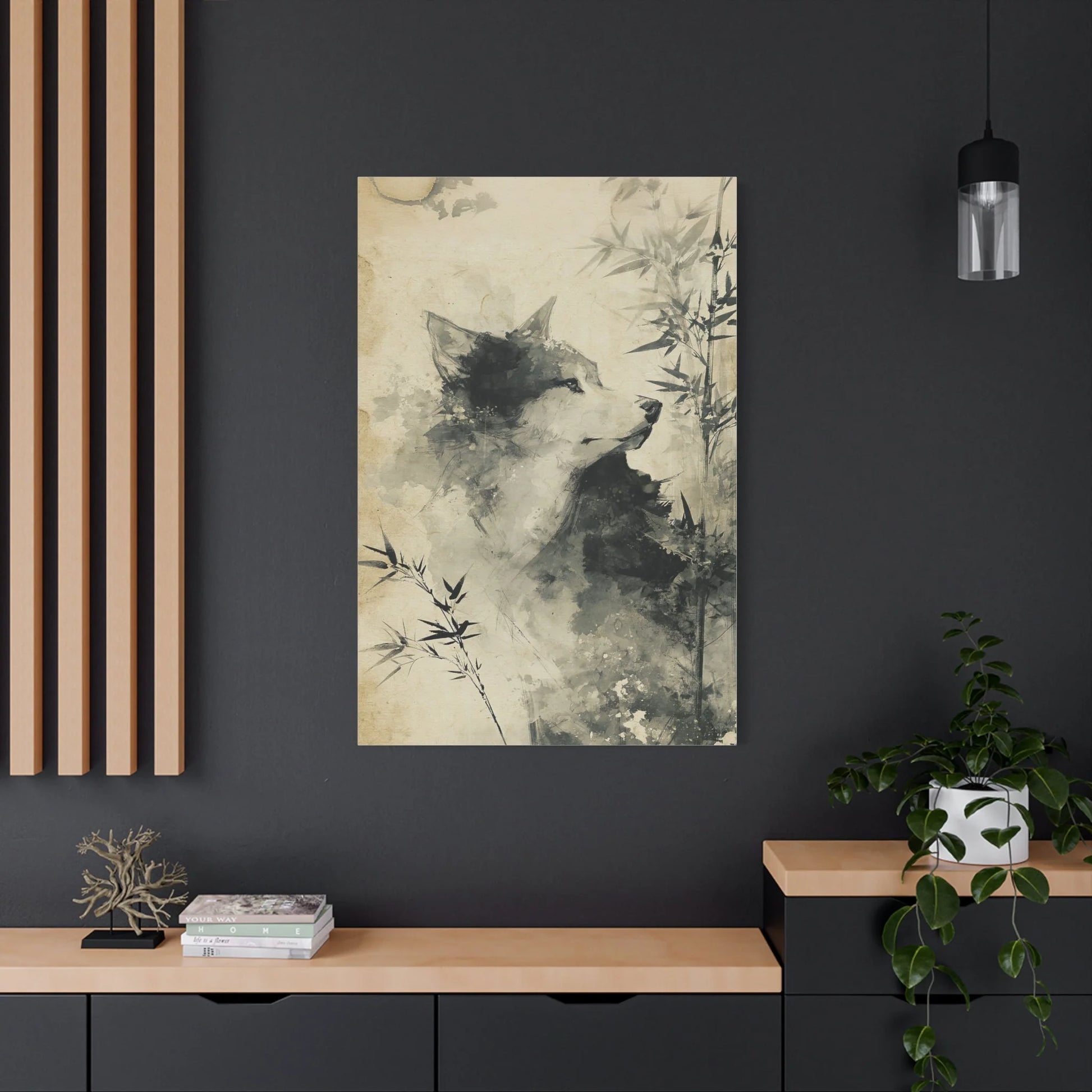 Tableau Loup Sumi-e - Encre du Mont Fuji - mise en scène impact maximal